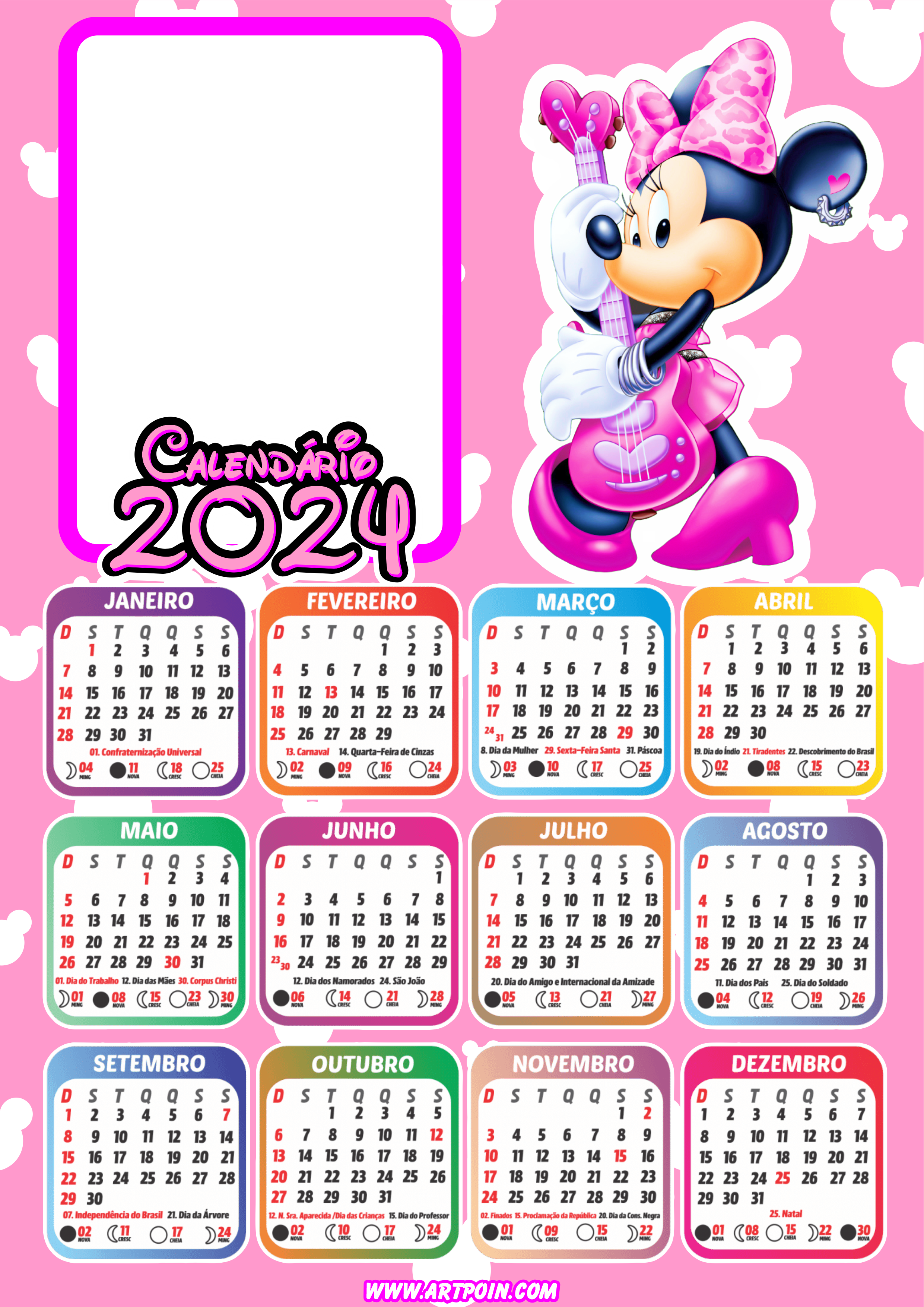 Calendário 2024 Minnie Mouse rosa personalizado com foto Disney personagem infantil design free png