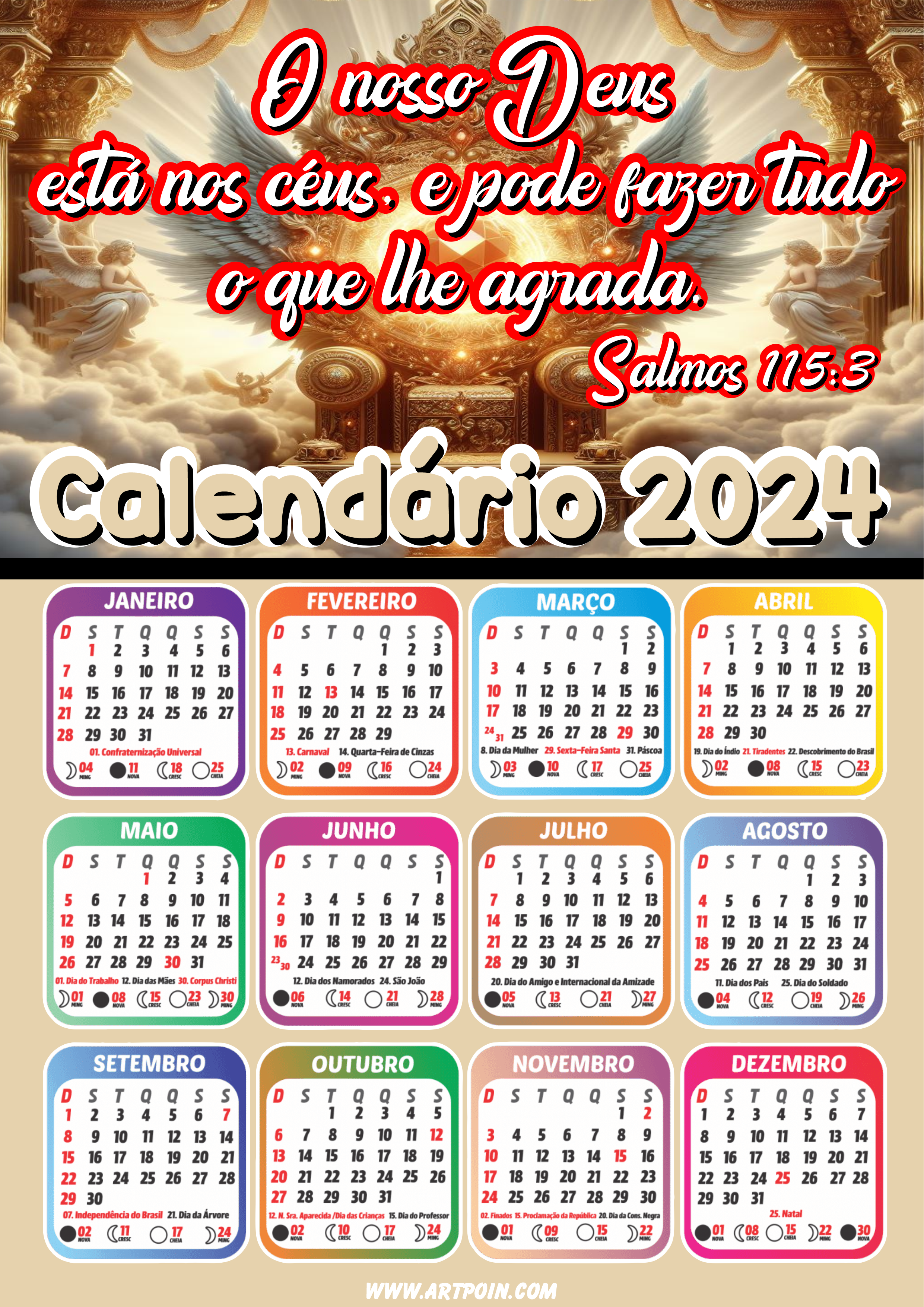 Calendário 2024 Salmo 115 frases bíblicas religião trono de Deus todo poderoso Salvador png