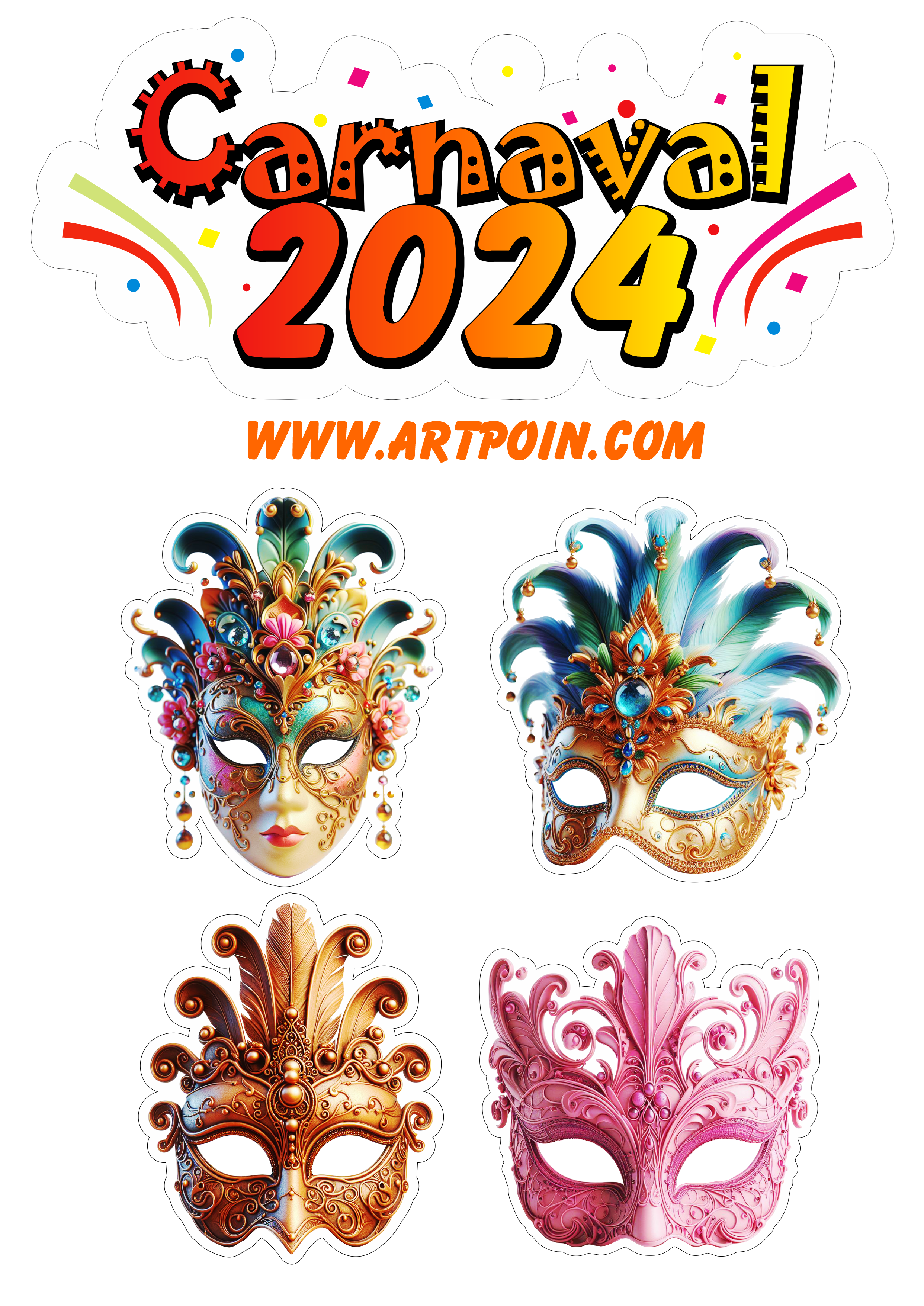 Carnaval 2024 baile de máscaras topo de bolo para imprimir png