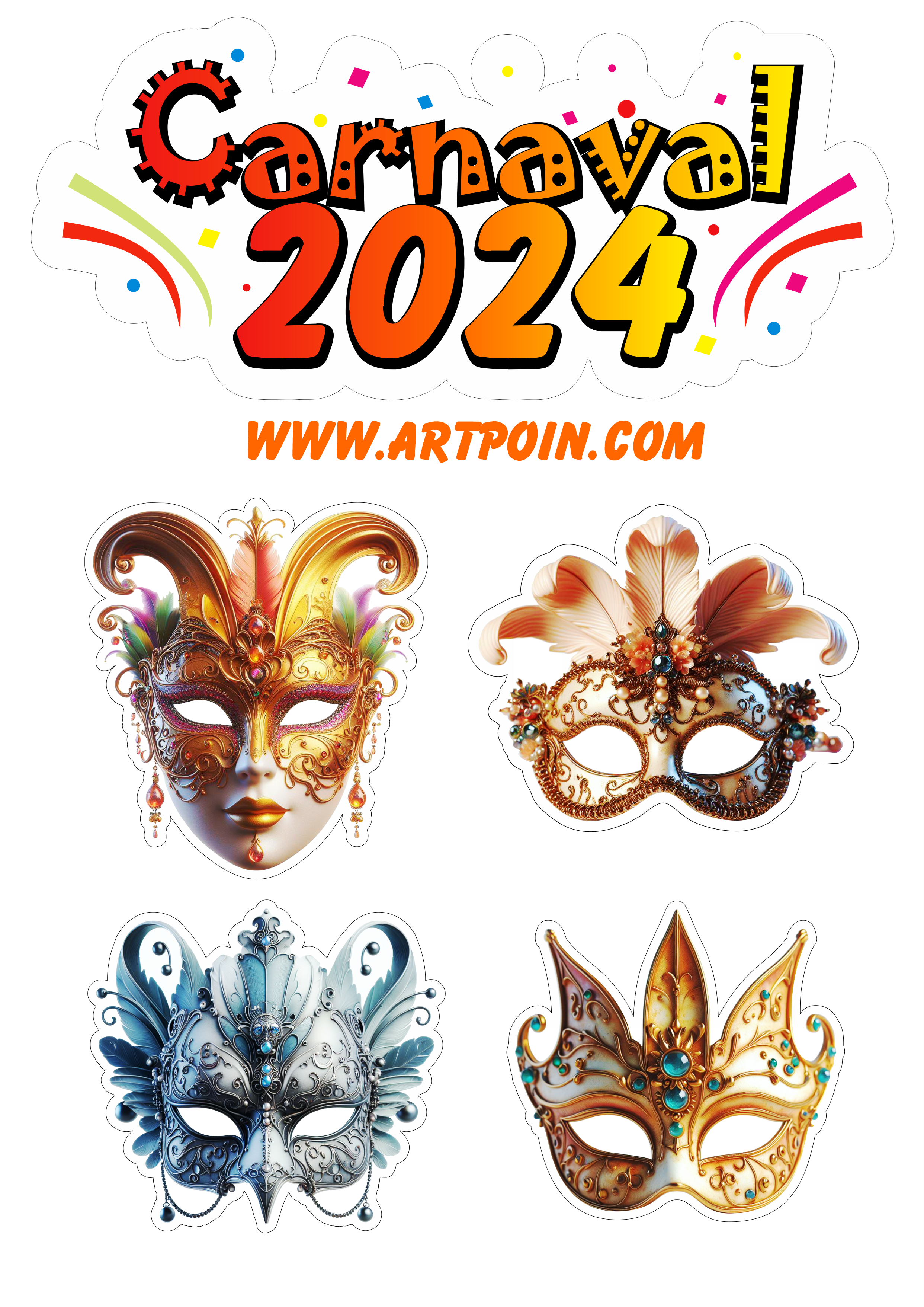 Carnaval 2024 baile de máscaras topo de bolo para imprimir renda extra com personalizados png