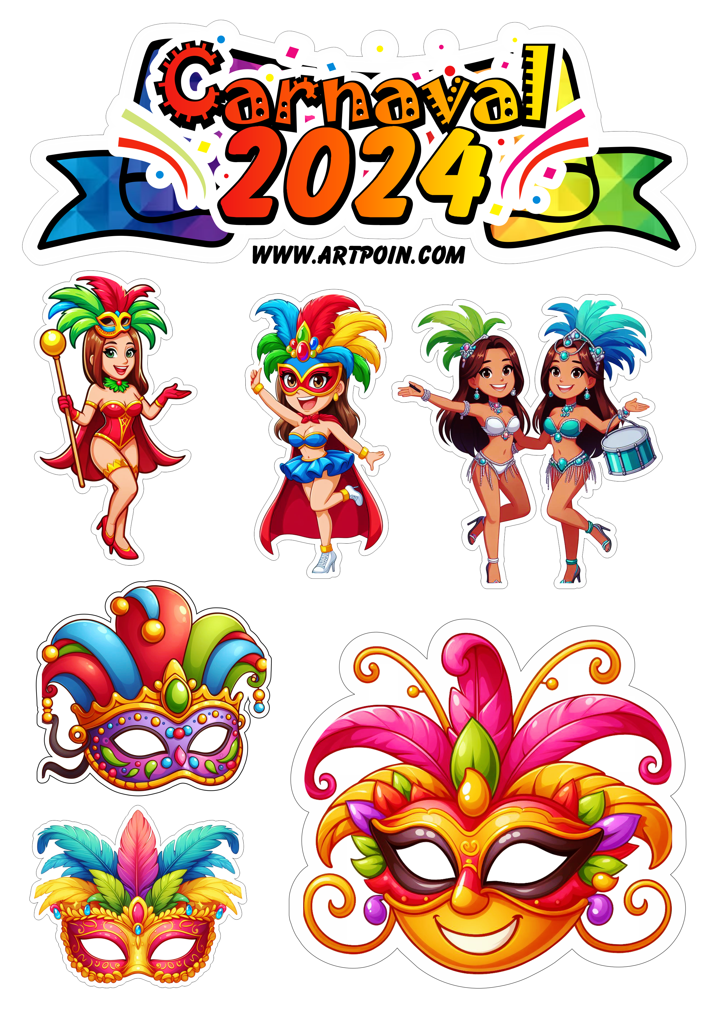 Carnaval 2024 topo de bolo escola de samba tema de aniversário musas e máscaras png