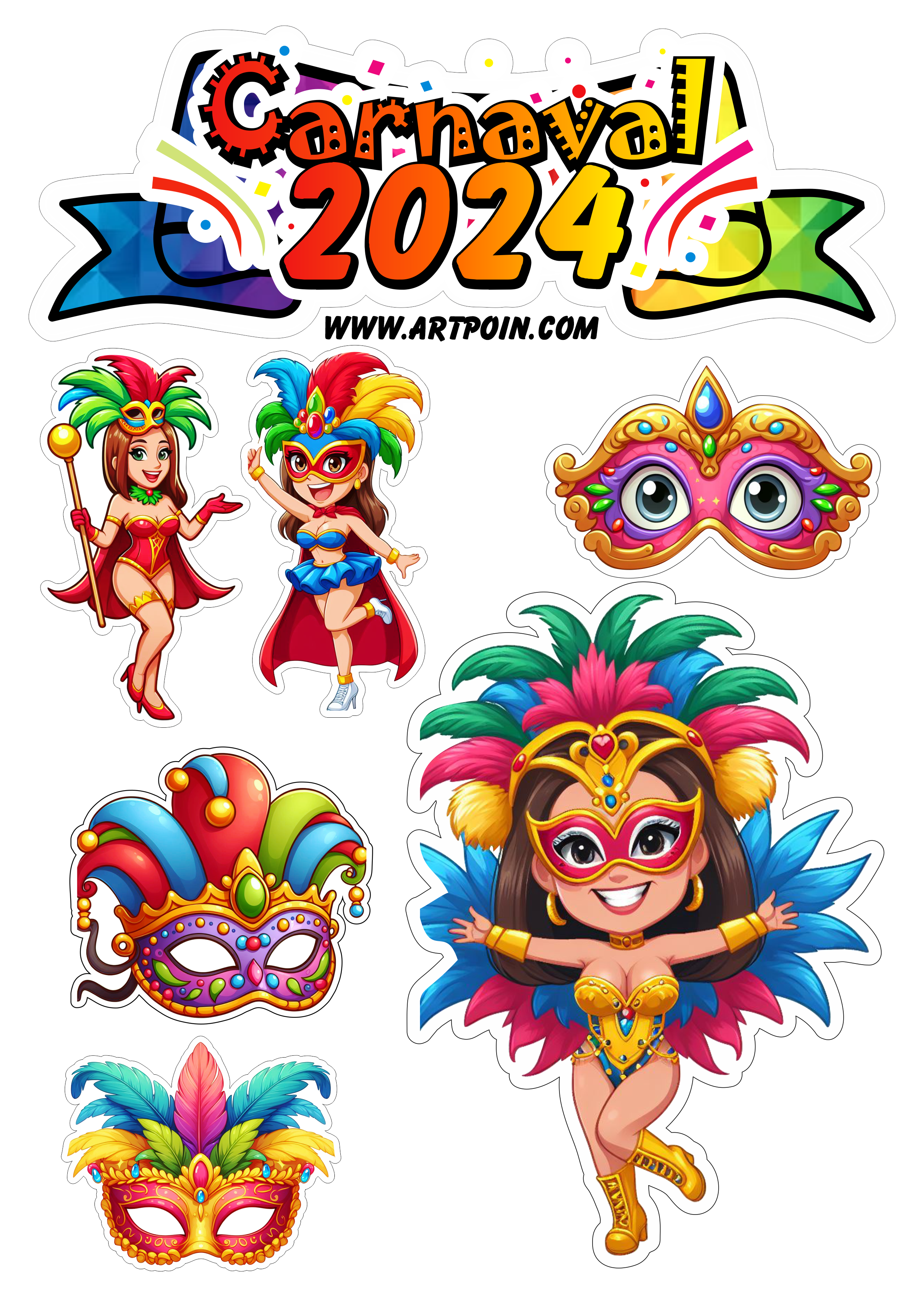 Carnaval 2024 topo de bolo escola de samba tema de aniversário musas e máscaras hora da festa png