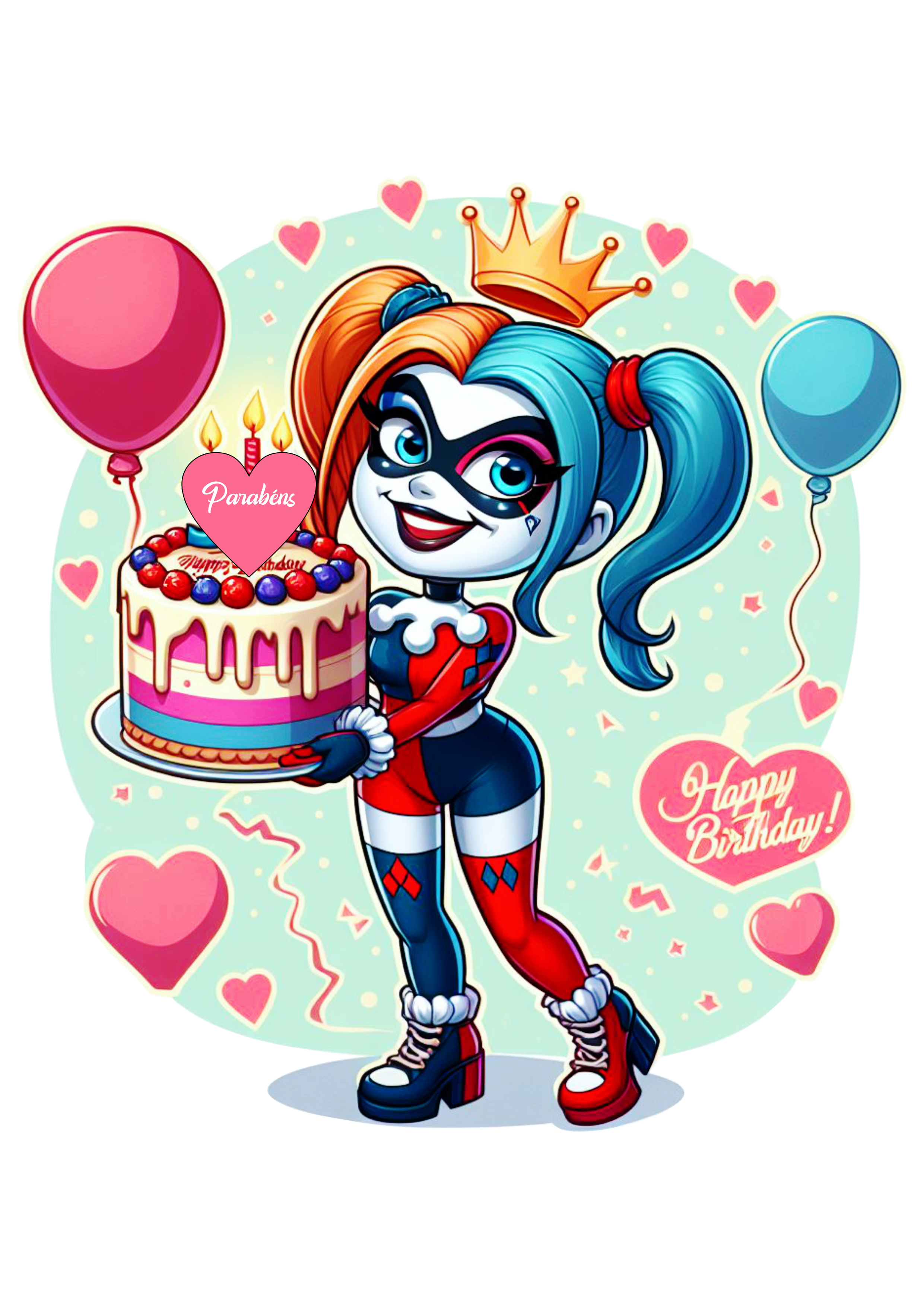 Arlequina com balões e bolo Harley Quinn dc comics desenho animado de aniversário png