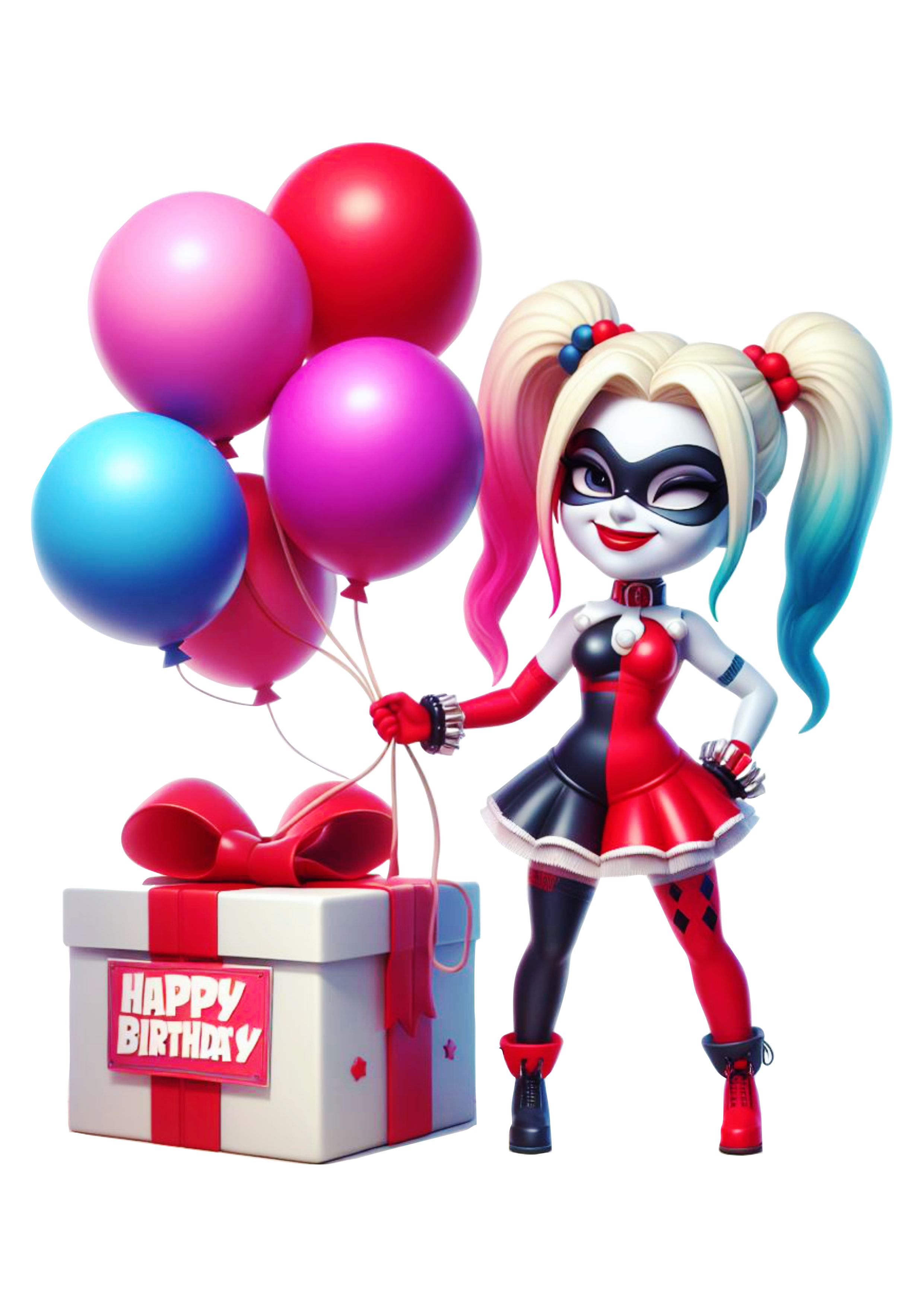 Arlequina Harley Quinn com balões de aniversário png