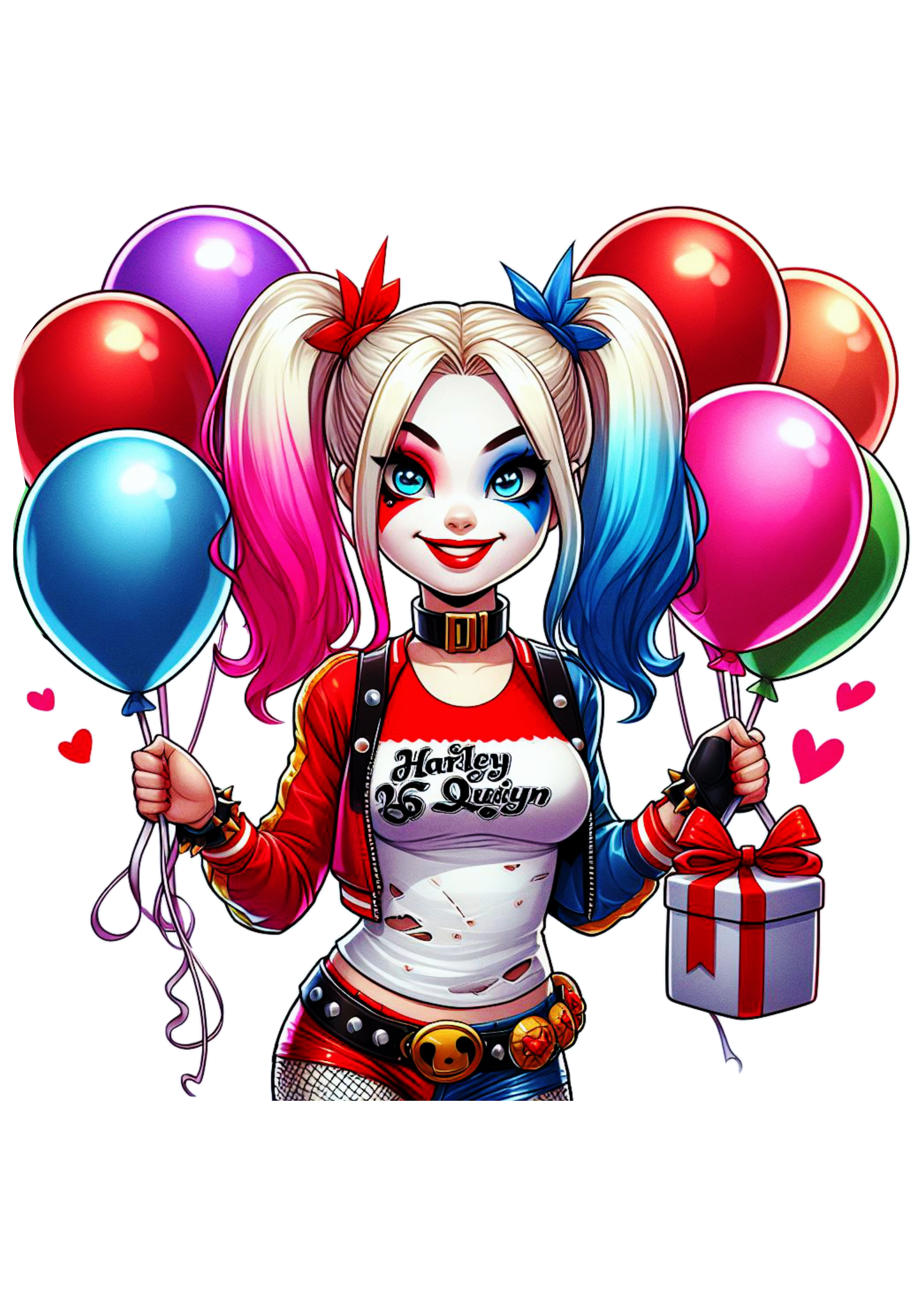 Arlequina Harley Quinn com balões de aniversário png imagem