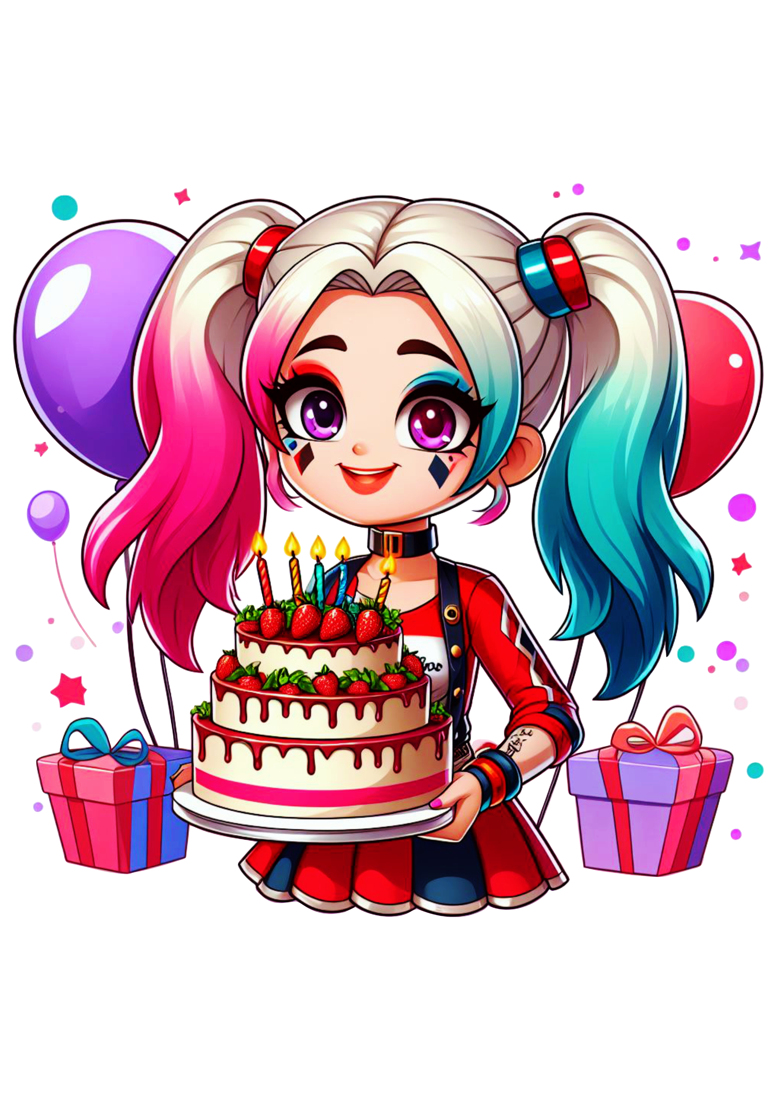 Arlequina Harley Quinn com balões de aniversário png imagem decoração de festa