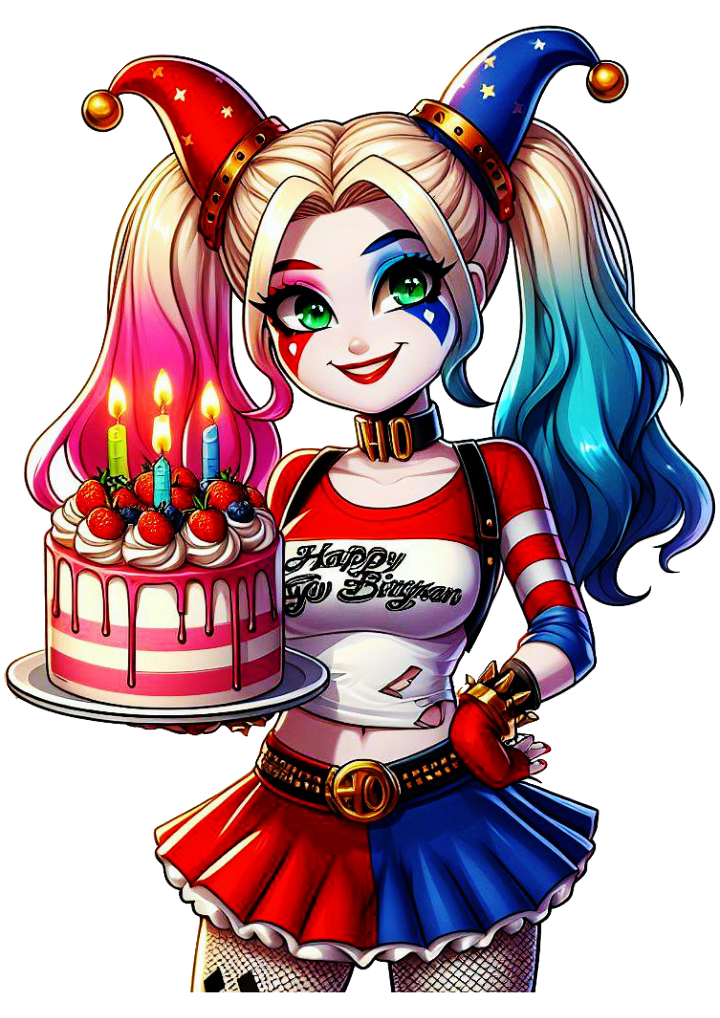 Arlequina Harley Quinn com bolo de aniversário png imagem decoração de festa