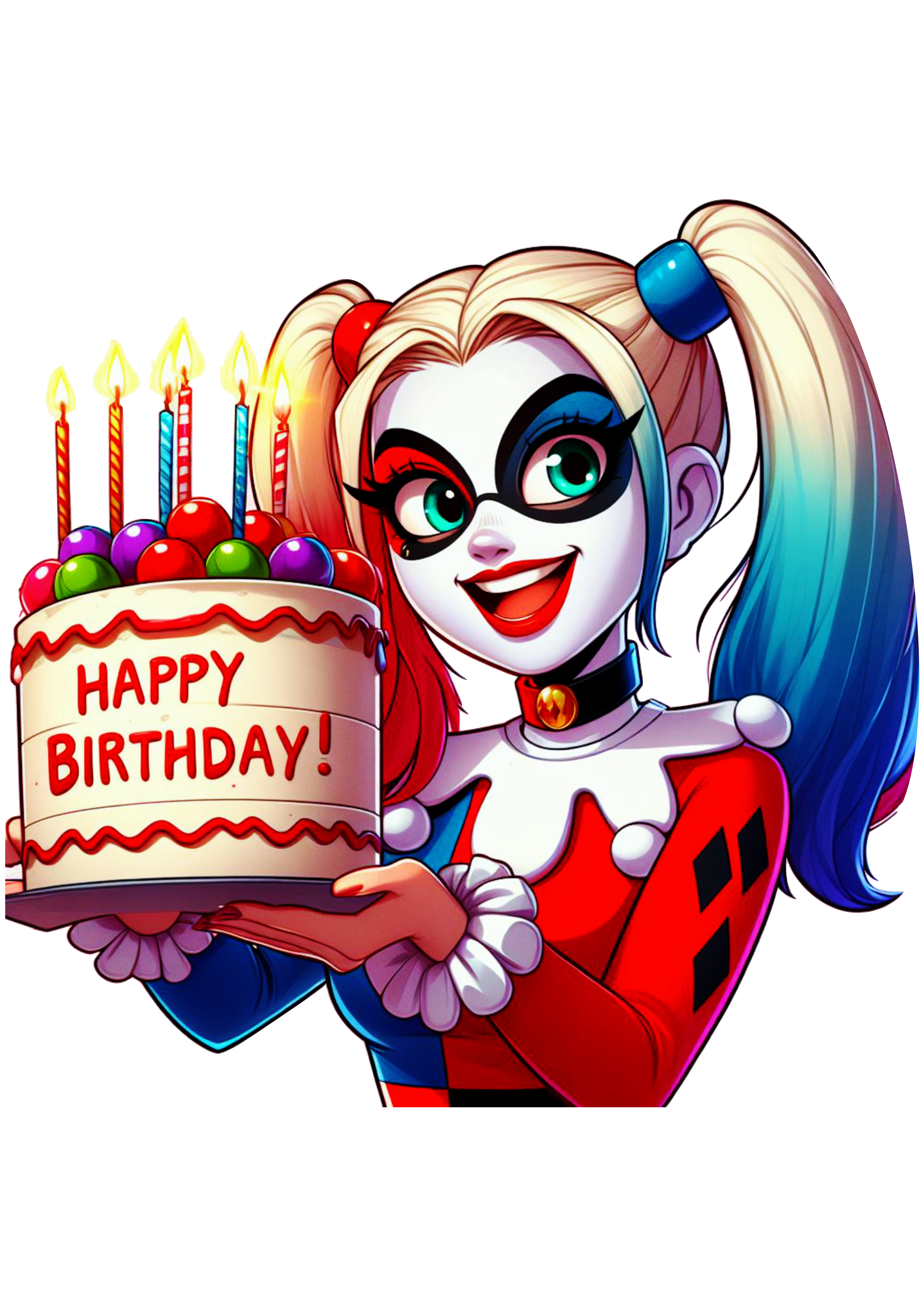 Arlequina Harley Quinn com bolo de aniversário png imagem decoração de festa happy birthday