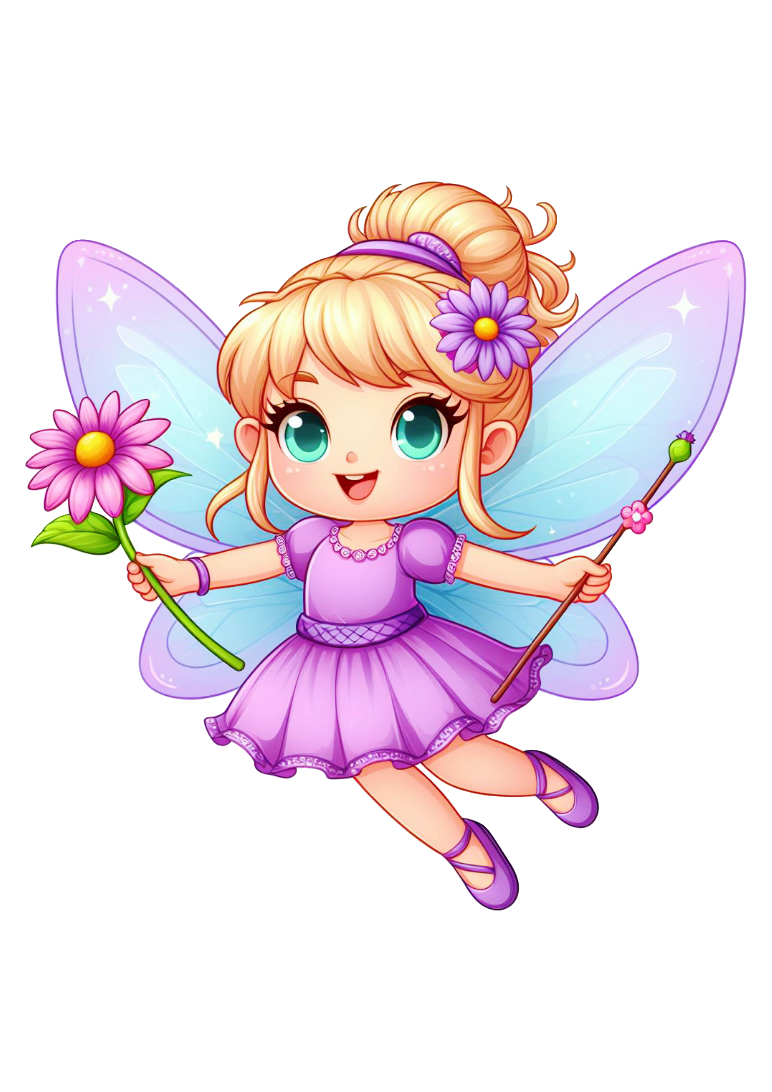 Fadinha lilás voando roxo desenho infantil asas bonitas menina fofinha segurando uma florzinha png