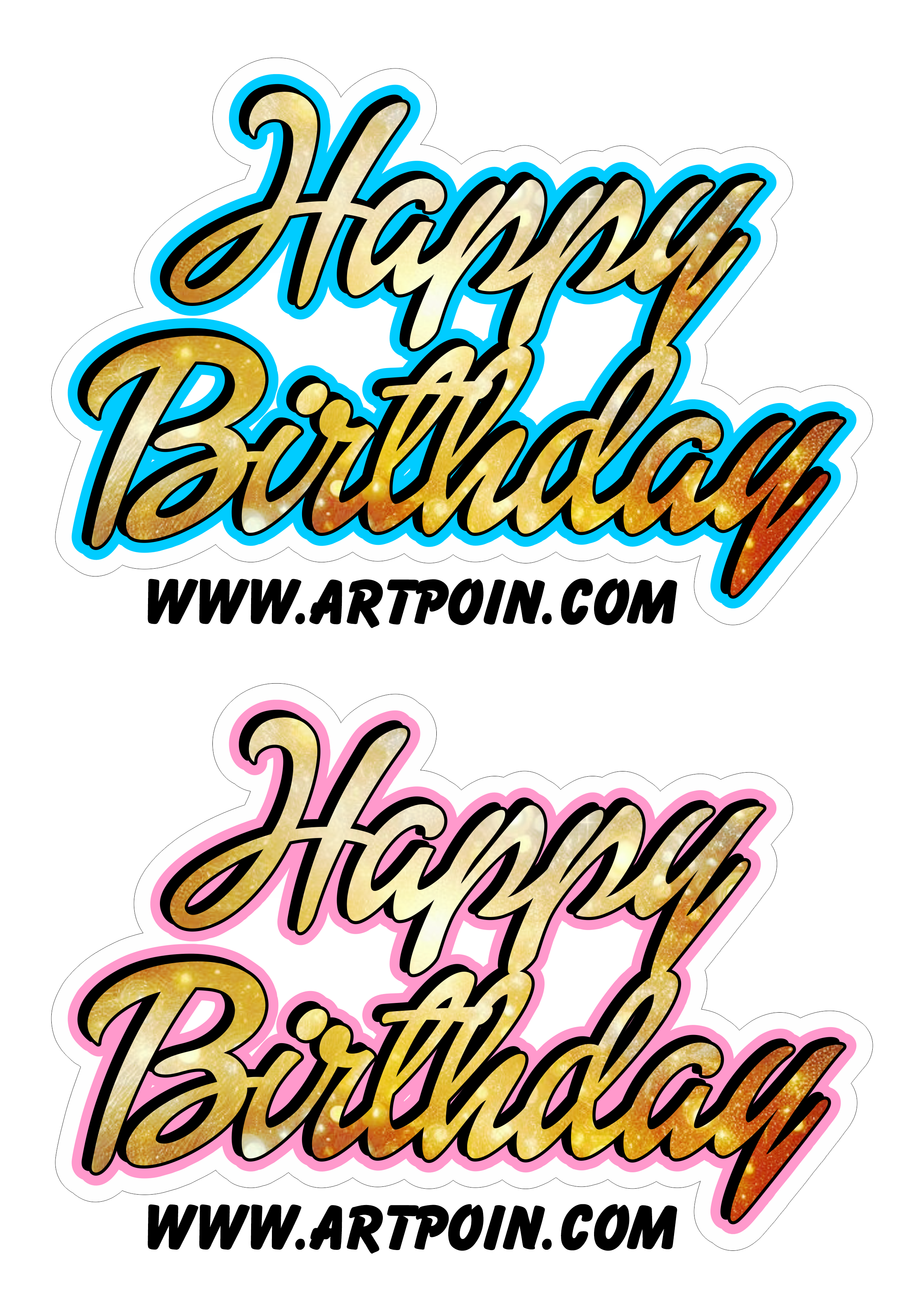 Happy birthday letreiro dourado para topo de bolo de aniversário azul e rosa png
