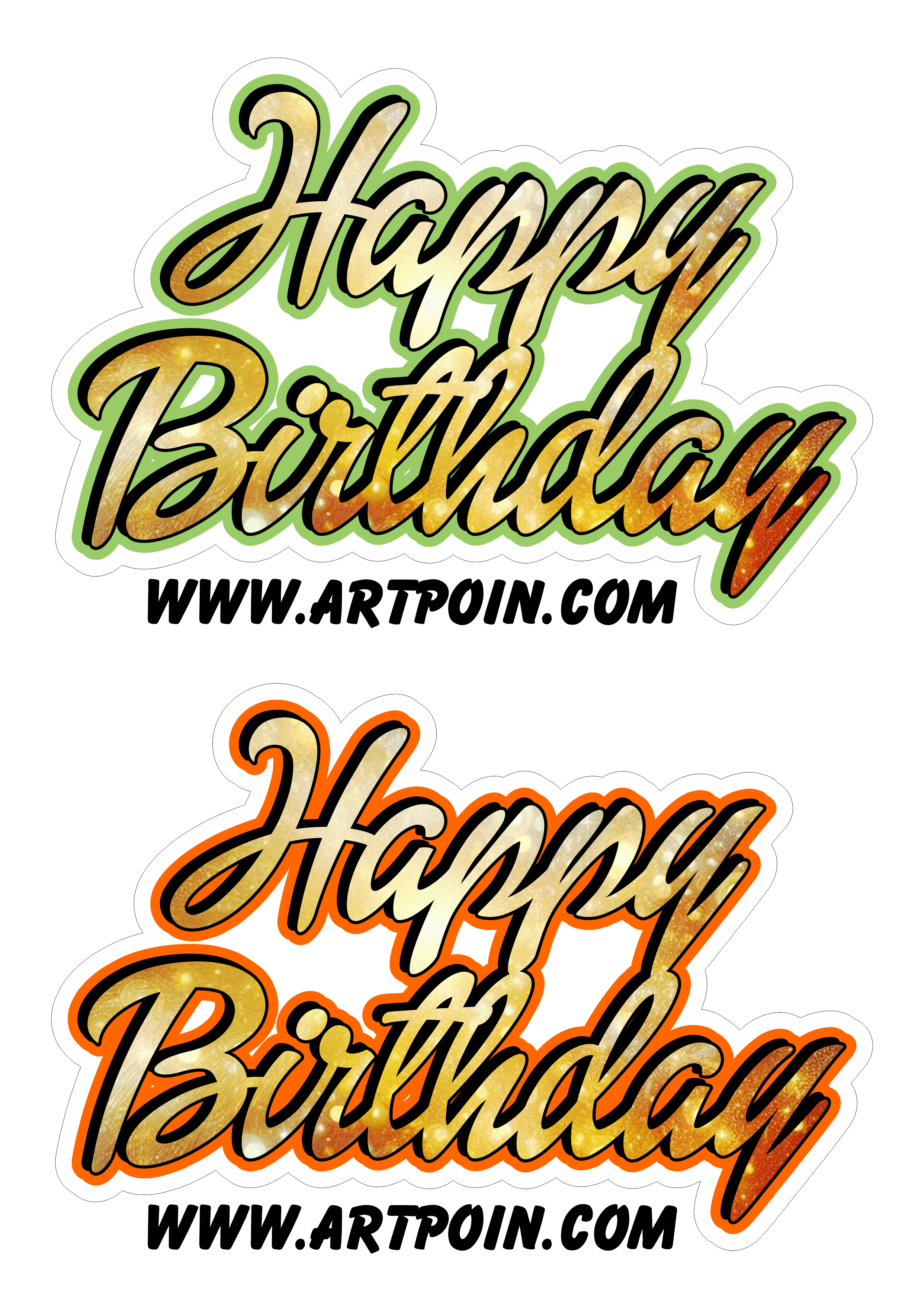 Happy birthday letreiro dourado para topo de bolo de aniversário verde e laranja png