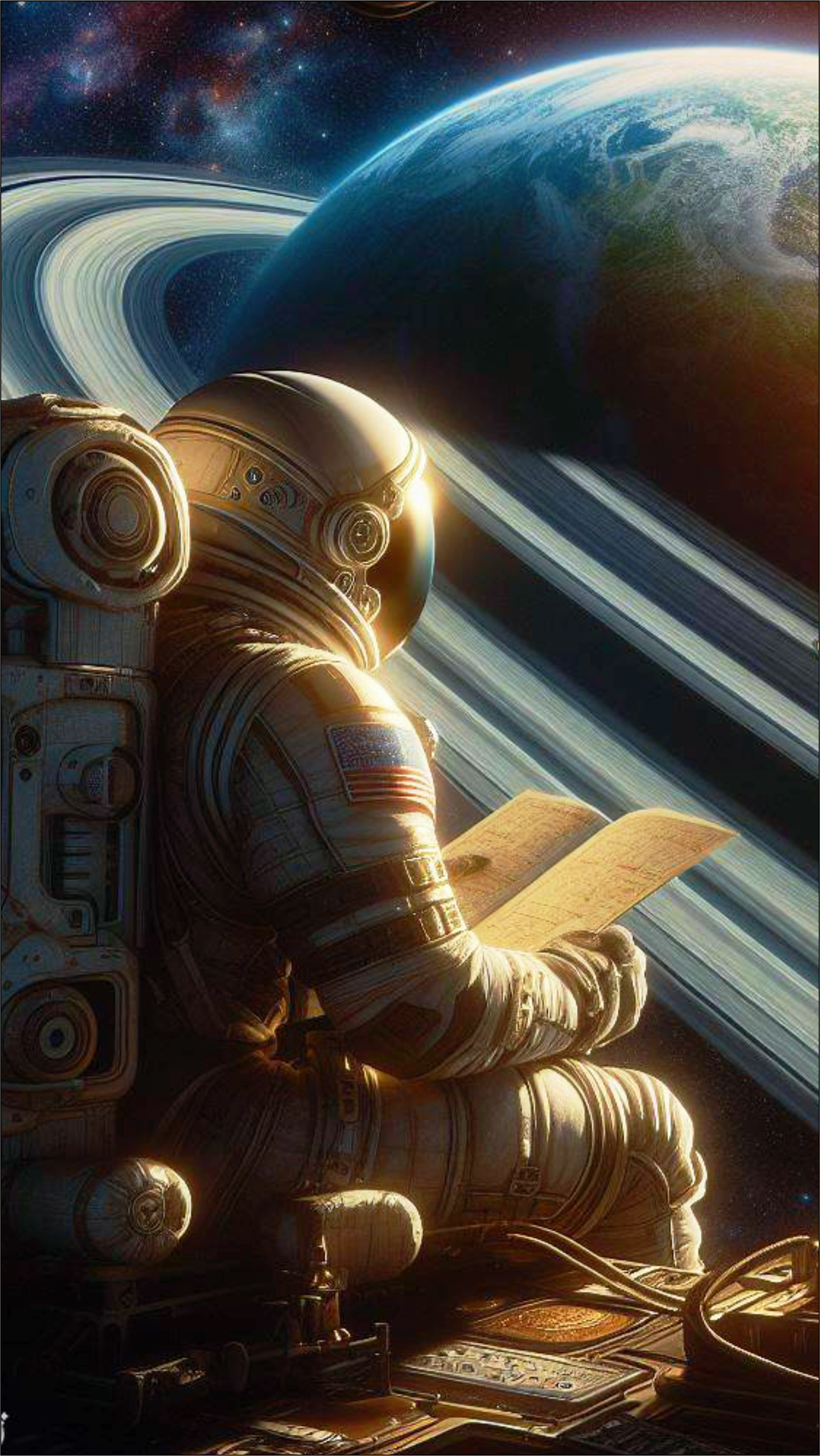 Papel de parede para celular um astronauta no espaço observando a terra com anéis de saturno png