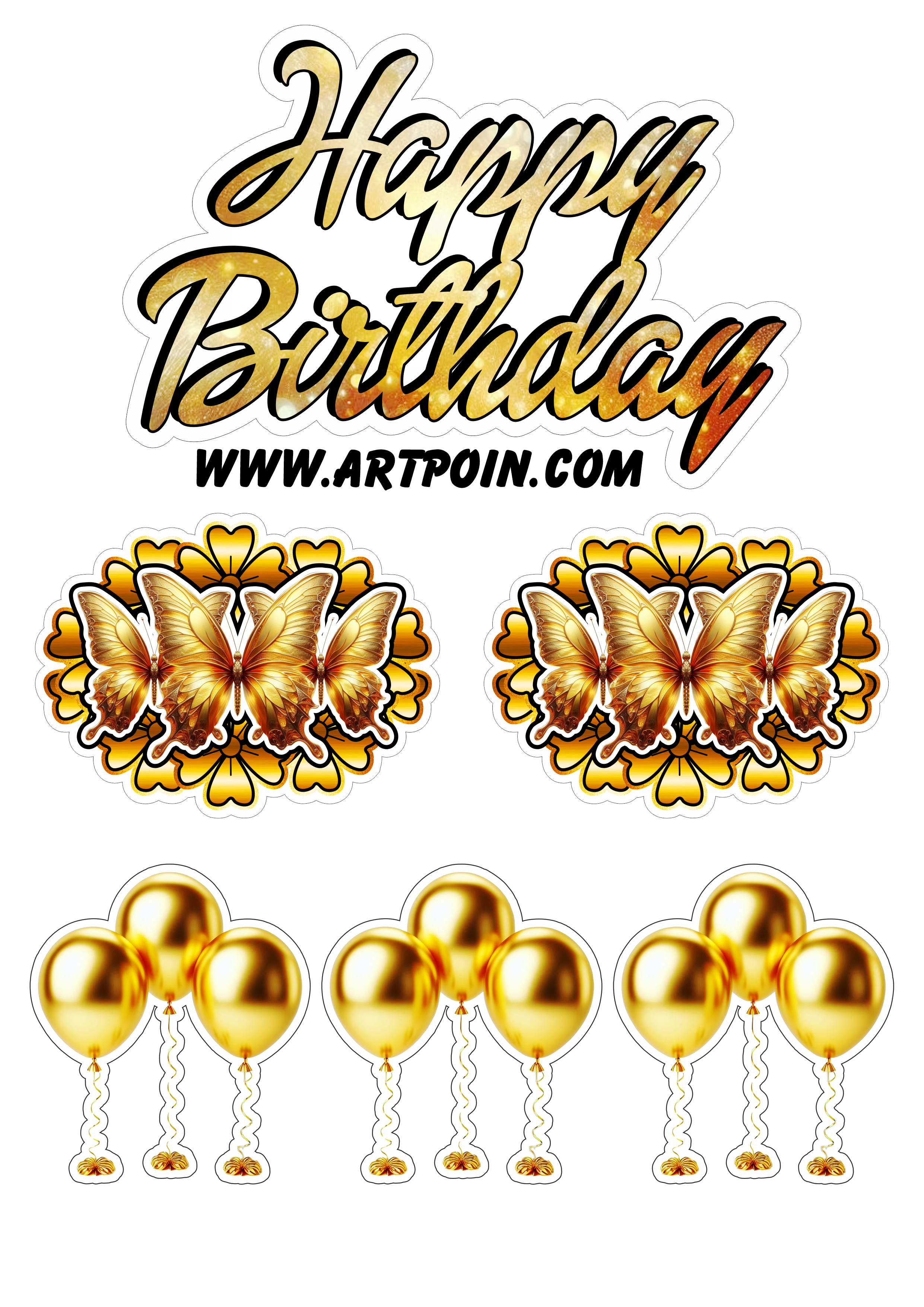 Happy Birthday topo de bolo borboletas e balões dourados png