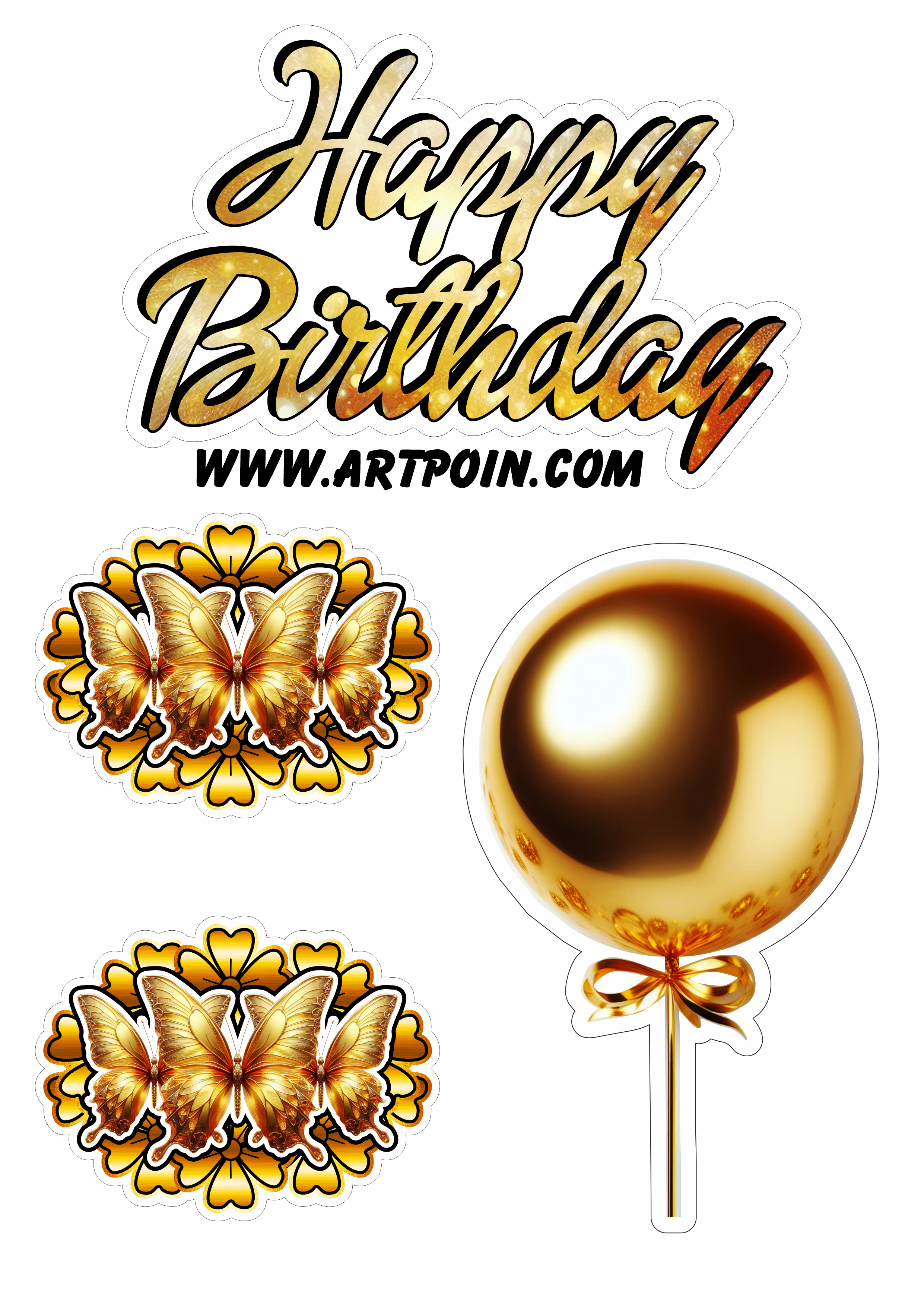 Happy Birthday topo de bolo borboletas e balões dourados decoração png