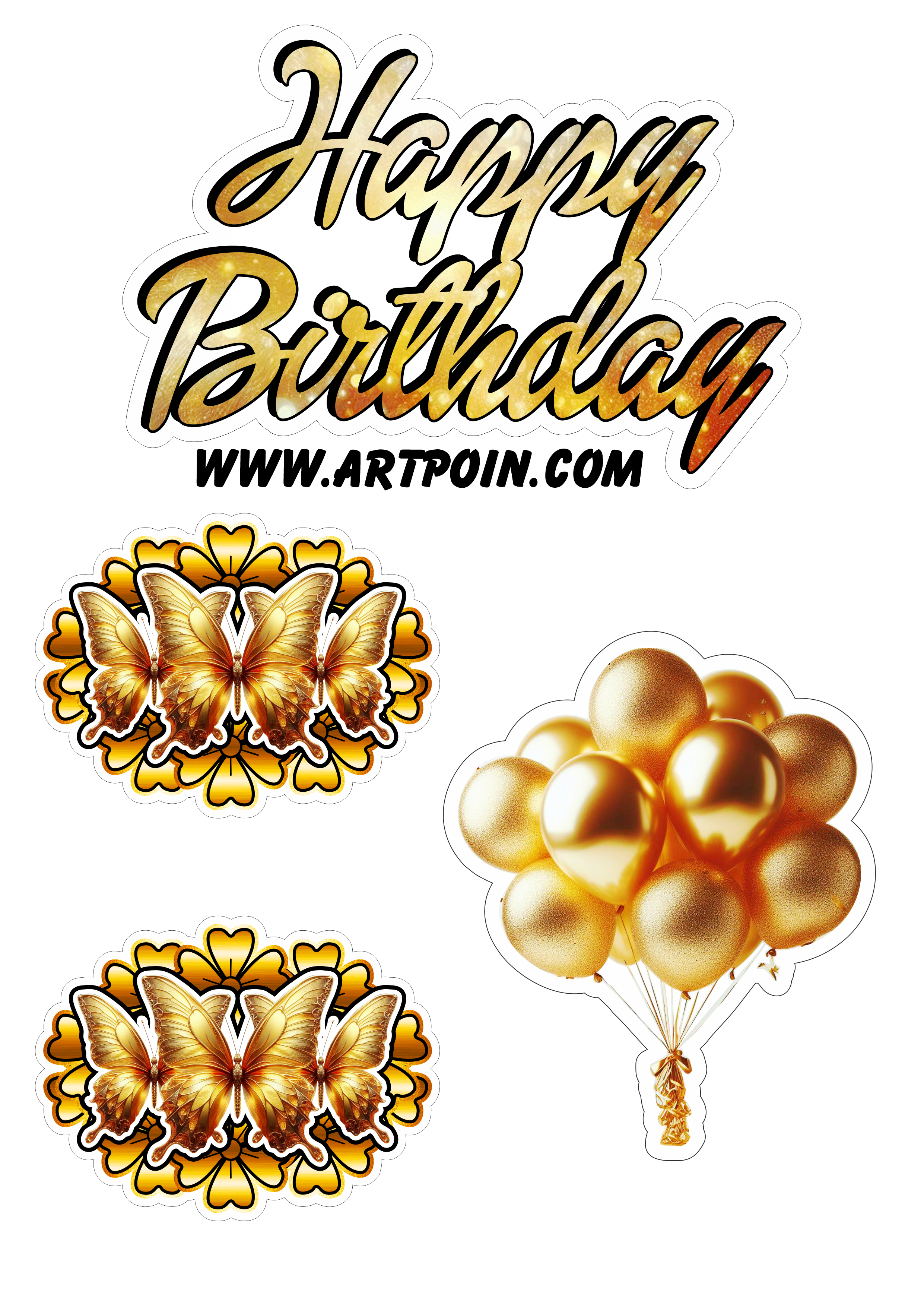 Happy Birthday topo de bolo borboletas e balões dourados decoração de aniversário png