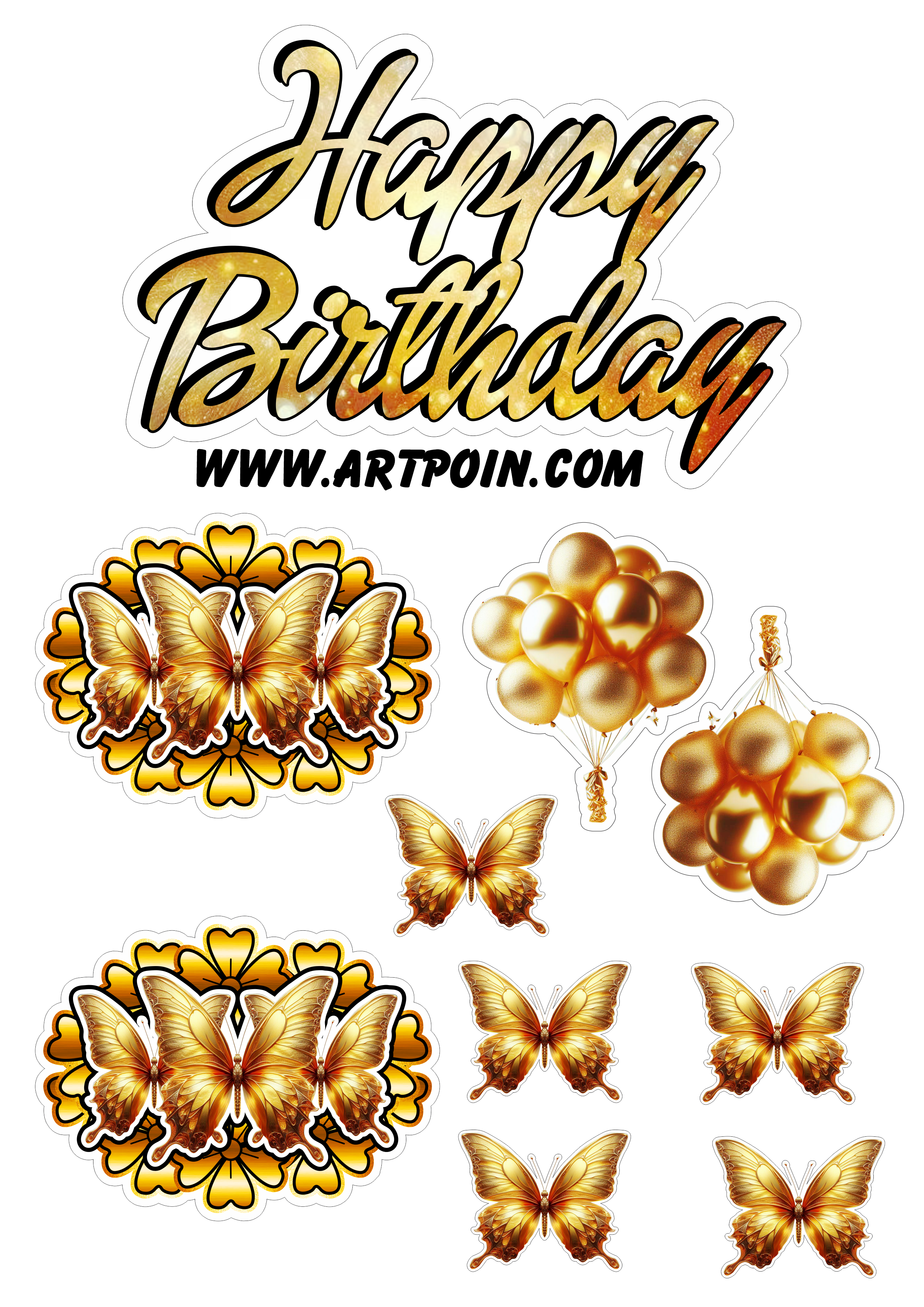 Happy Birthday topo de bolo borboletas e balões dourados decoração de aniversário gold butterfly png