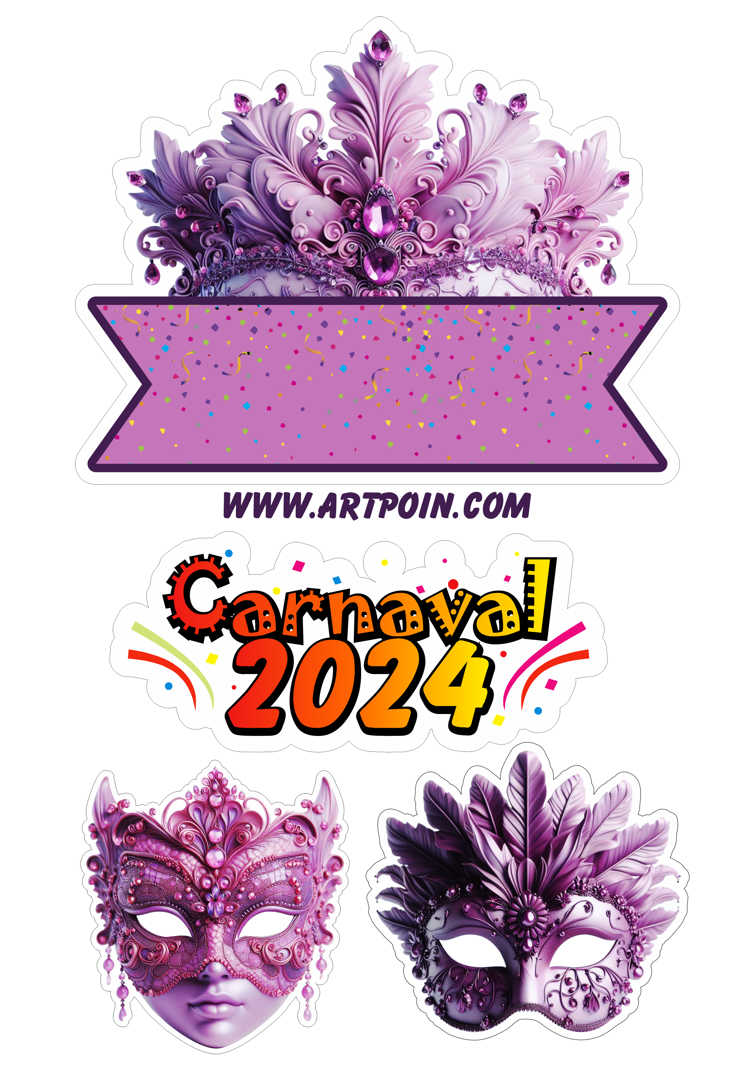 Topo de bolo carnaval 2024 decoração de festa baile de máscaras fazendo a nossa festa png