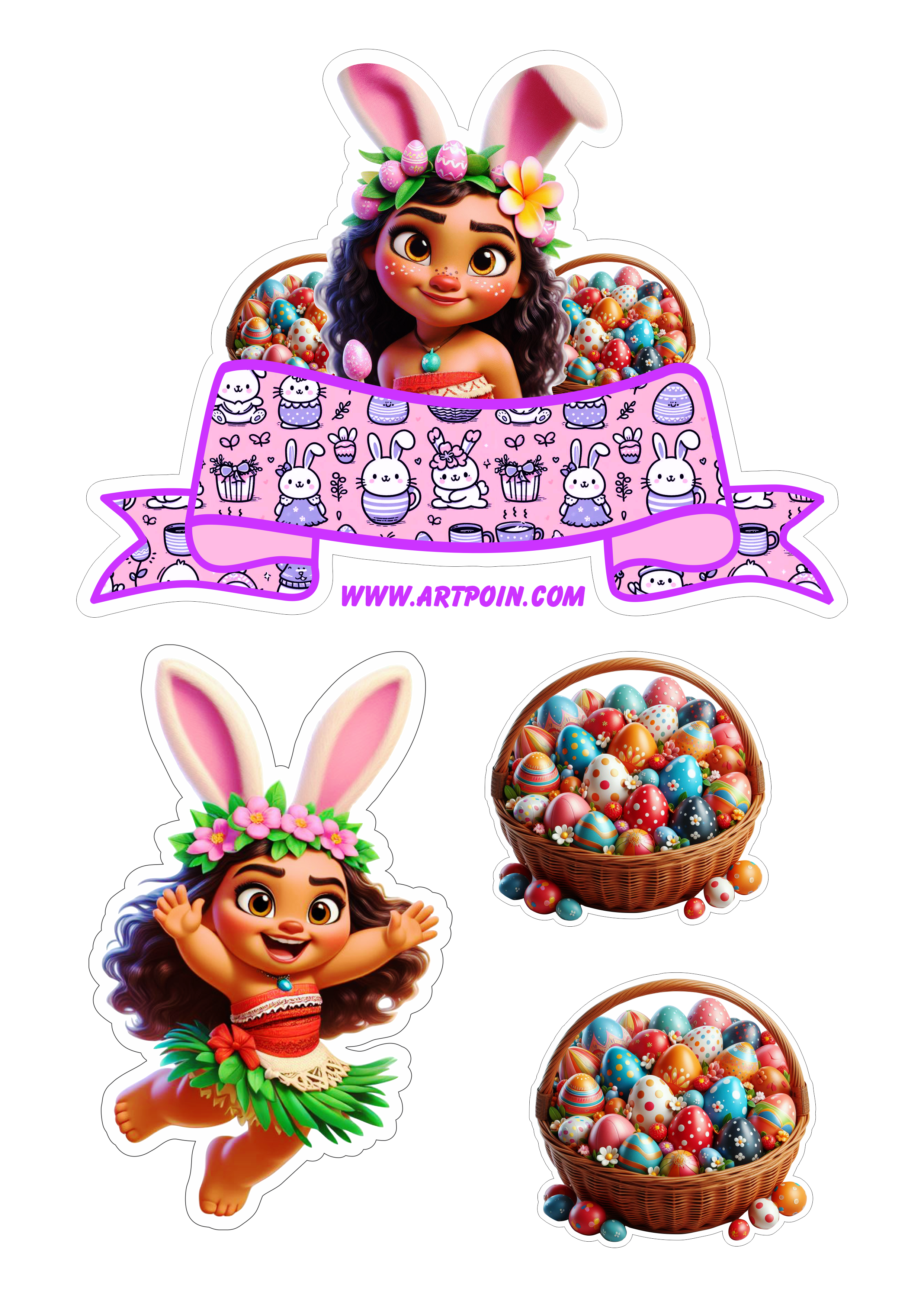 Topo de bolo Moana especial de páscoa desenho infantil aniversário fantasia de coelhinho cesta de ovos personagem png