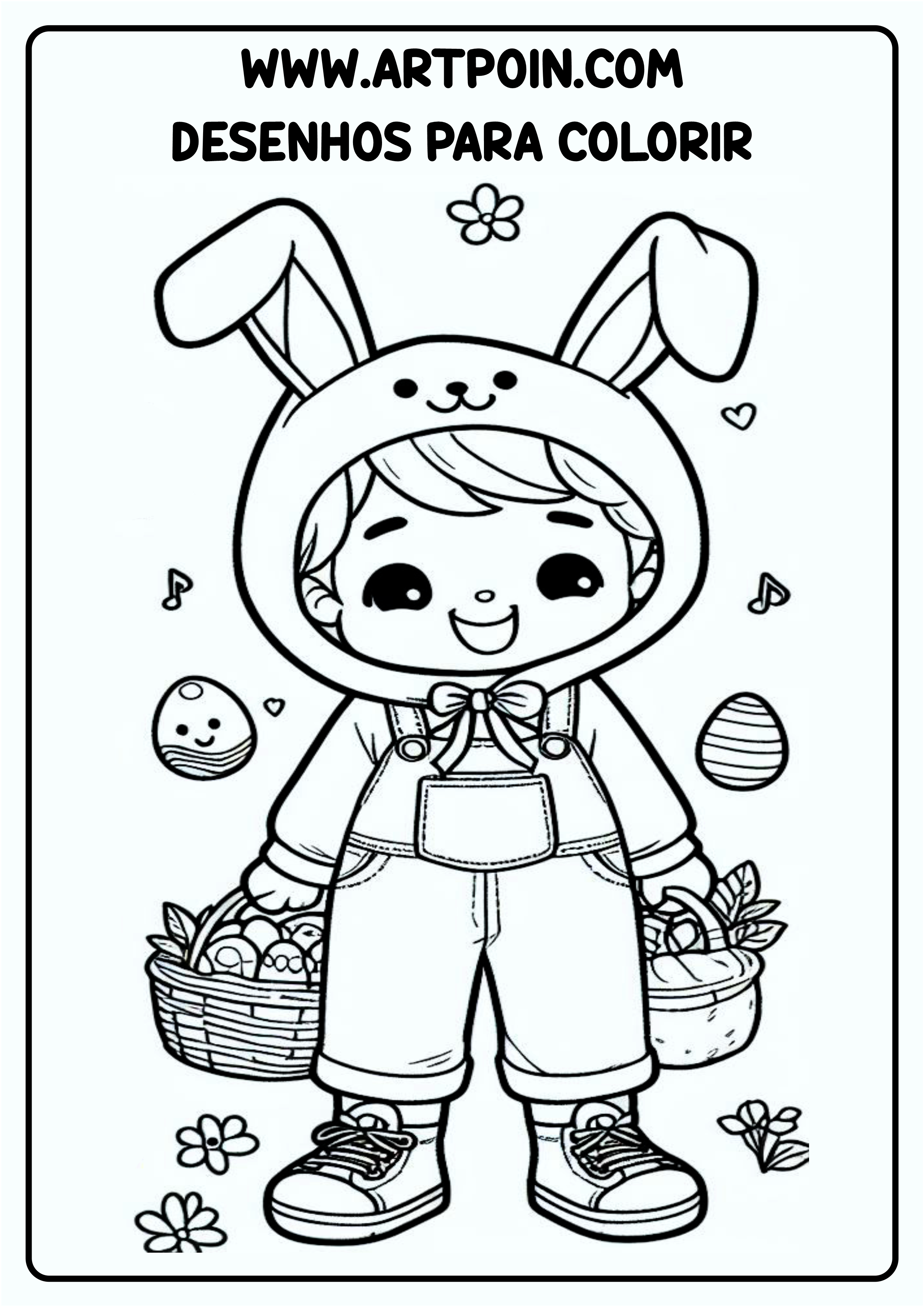Desenho para colorir menino com roupa de coelhinho da páscoa pronto para imprimir png