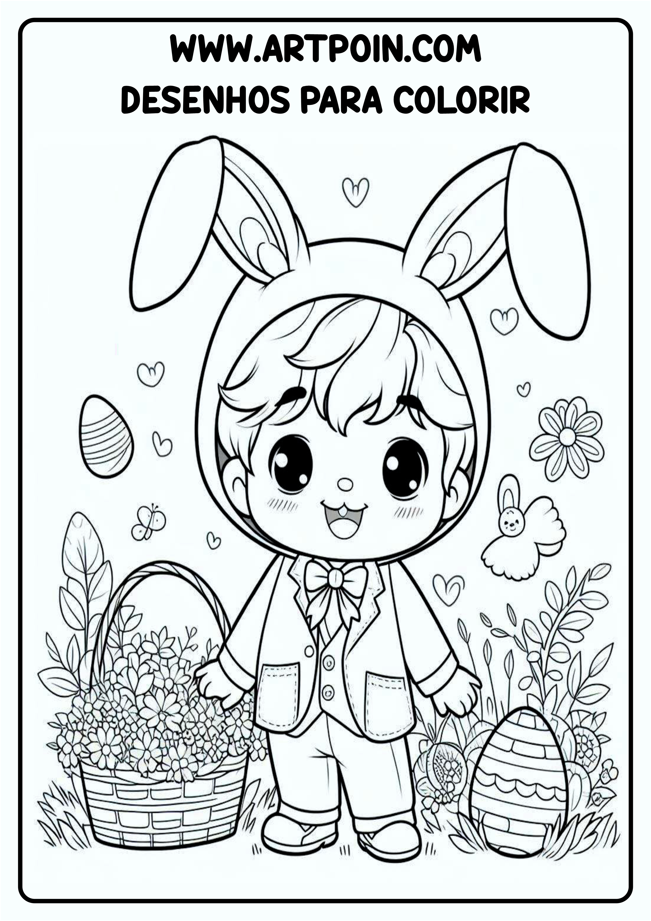 Desenho para colorir menino com roupa de coelhinho da páscoa pronto para imprimir fofura png