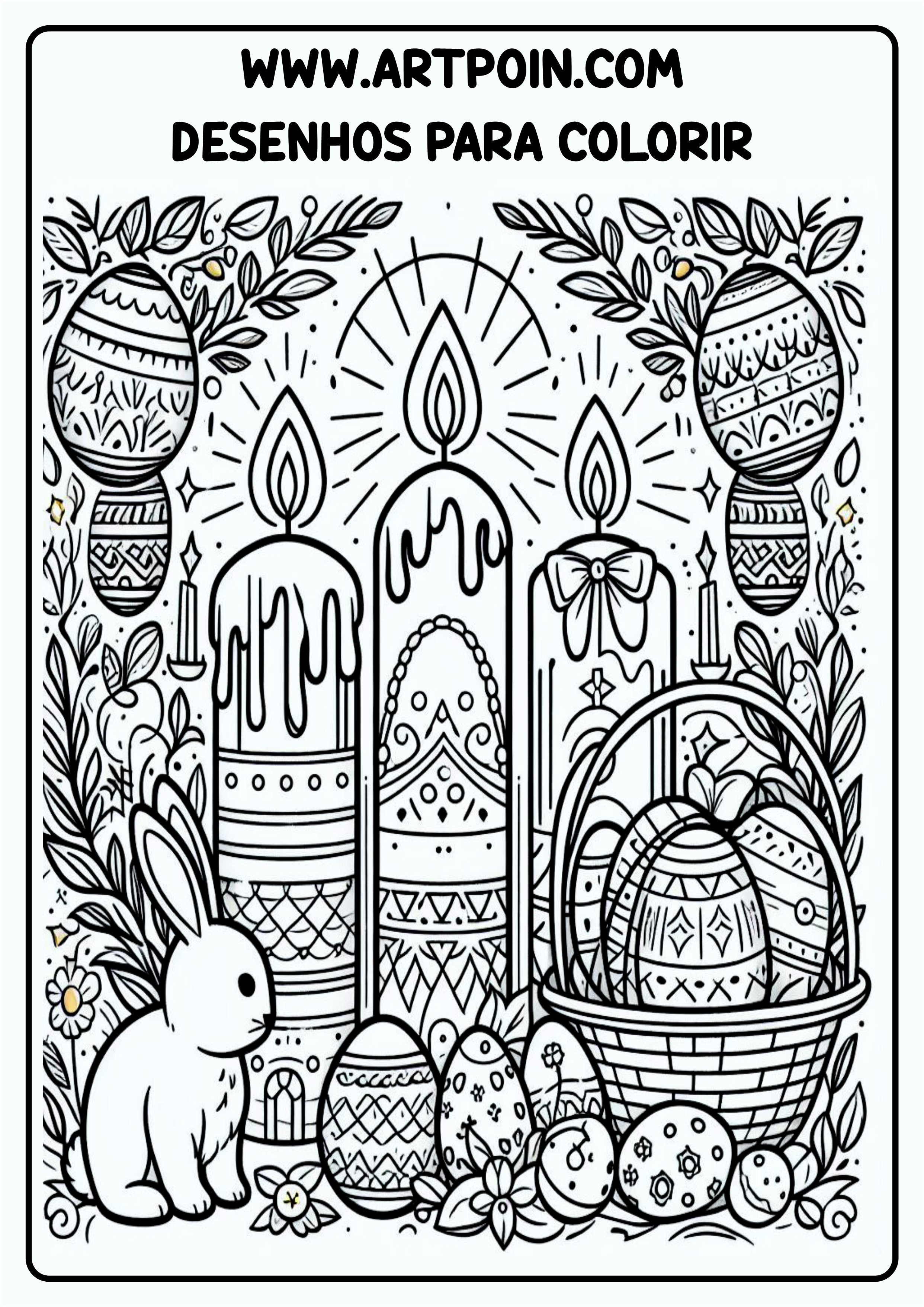 Desenho para colorir símbolos da páscoa ovos de páscoa vela acesa coelhinho da páscoa cenário png