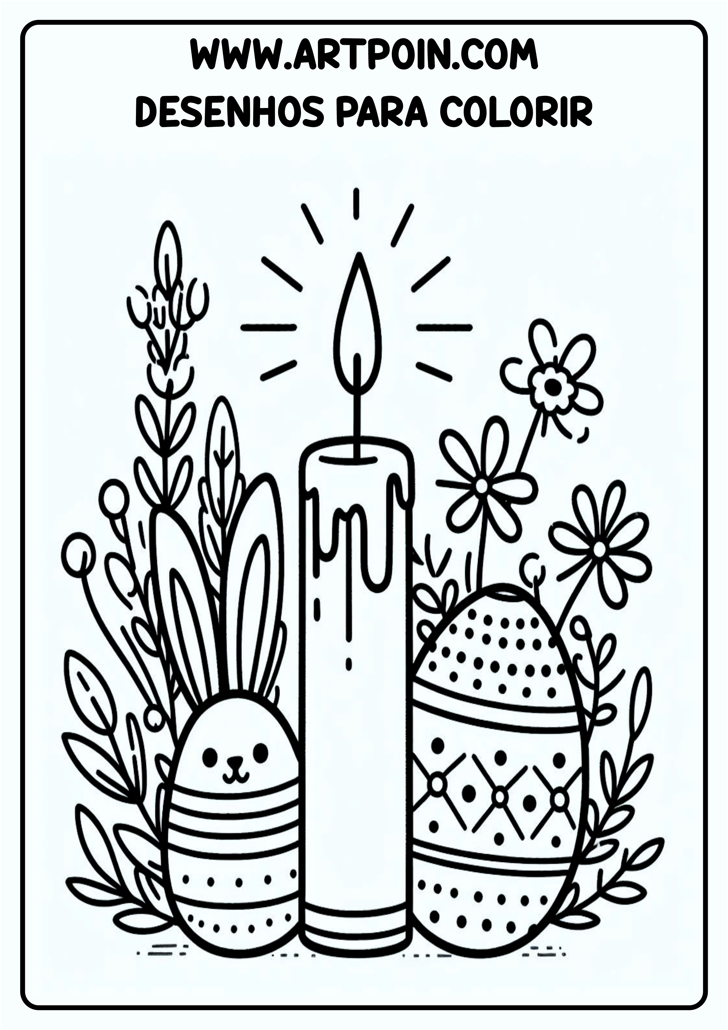 Desenho para colorir símbolos da páscoa vela acesa ovo de páscoa cenário atividade png
