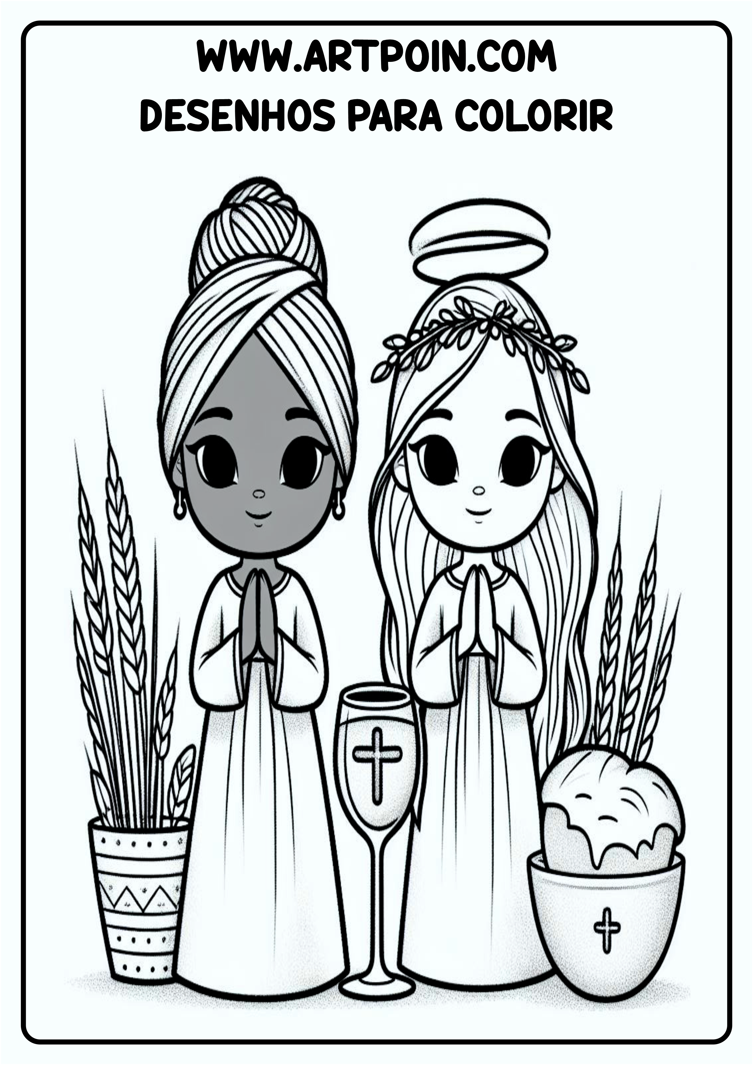 Desenho para colorir Páscoa símbolos duas mocinhas fazendo uma oração png