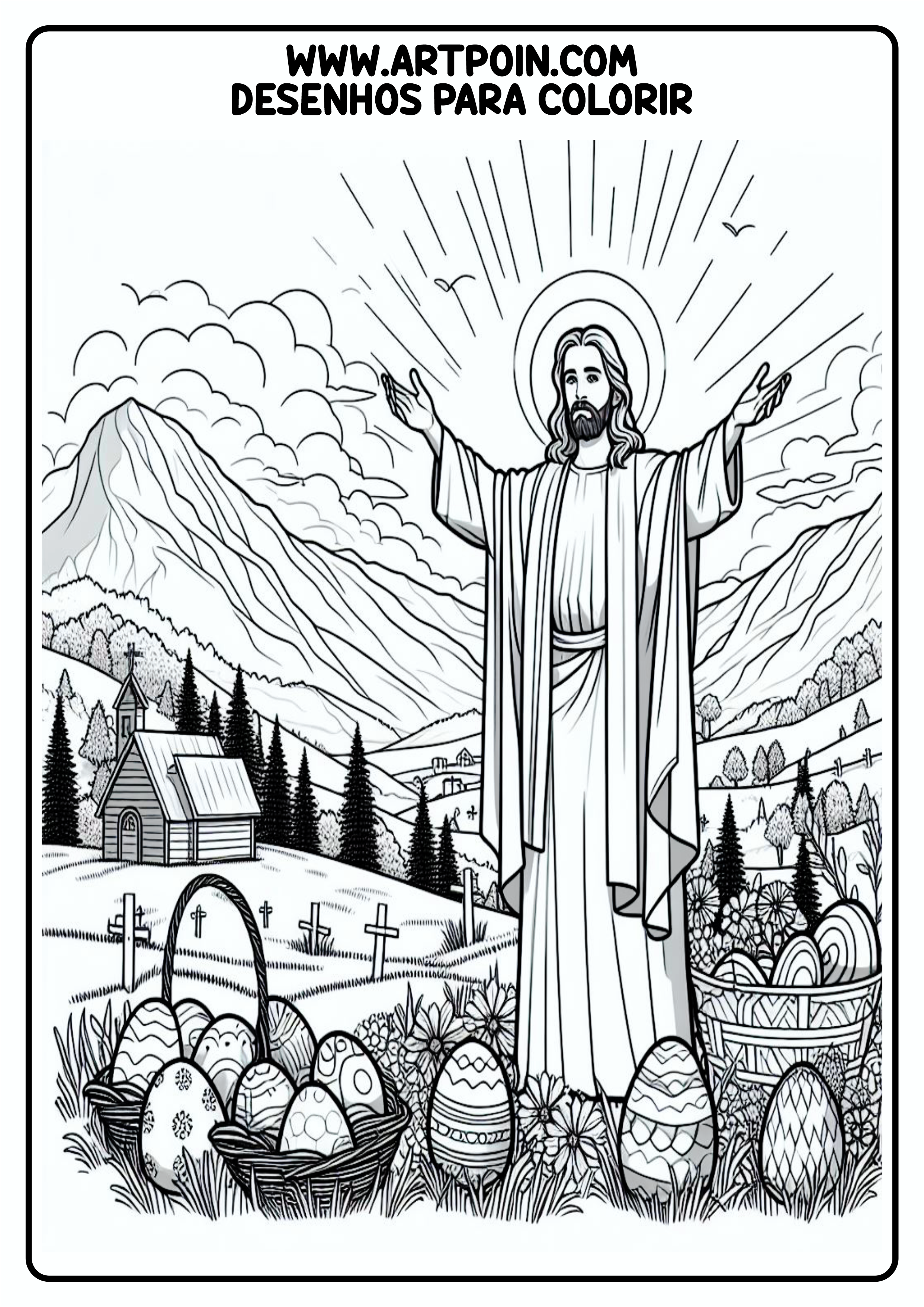 Desenho para colorir Jesus Cristo Ressuscitou na páscoa atividade para criança igreja png coloring page easter egg cenário
