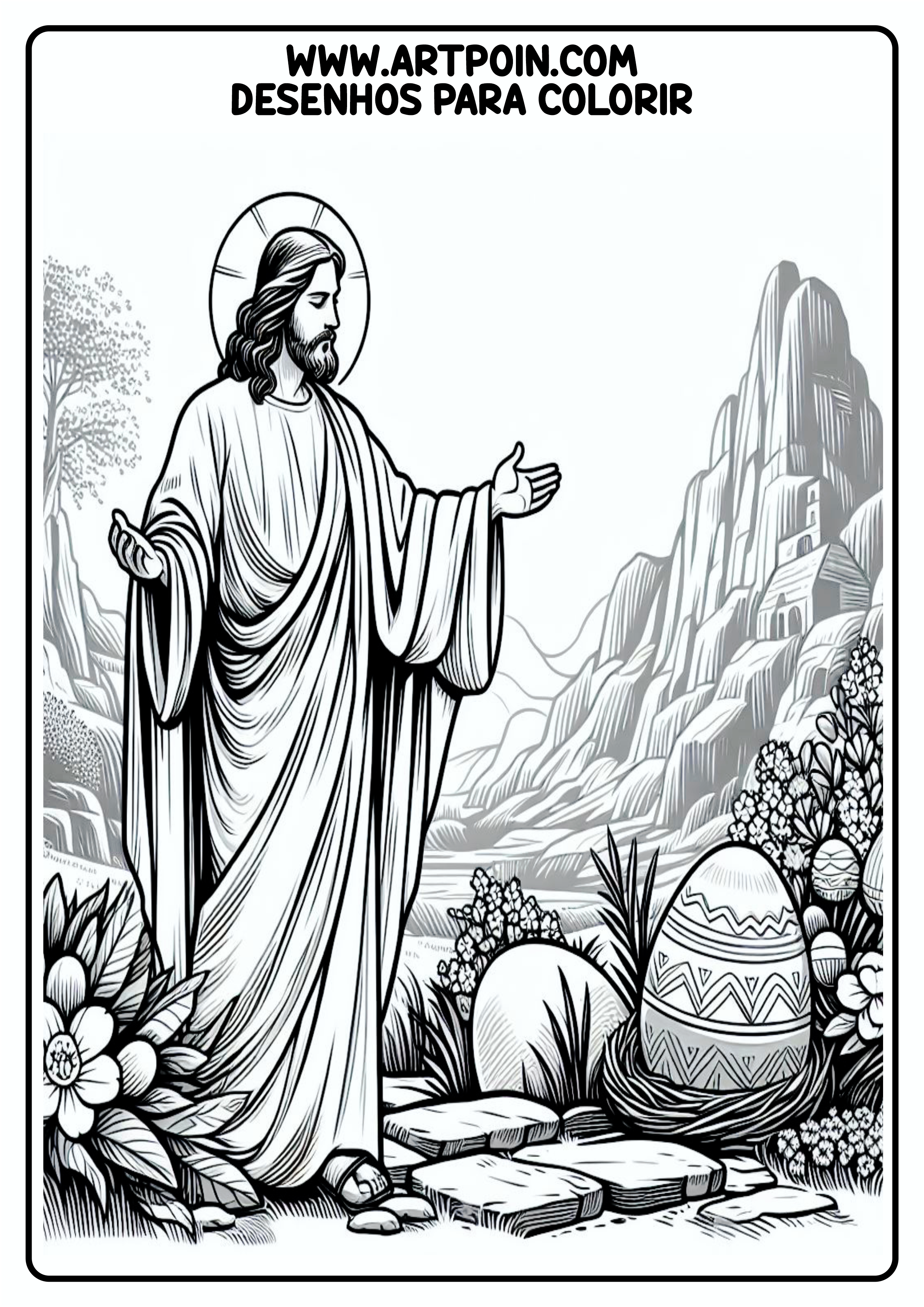 Desenho para colorir Jesus Cristo Ressuscitou na páscoa atividade para criança igreja png coloring page easter egg cenário religioso