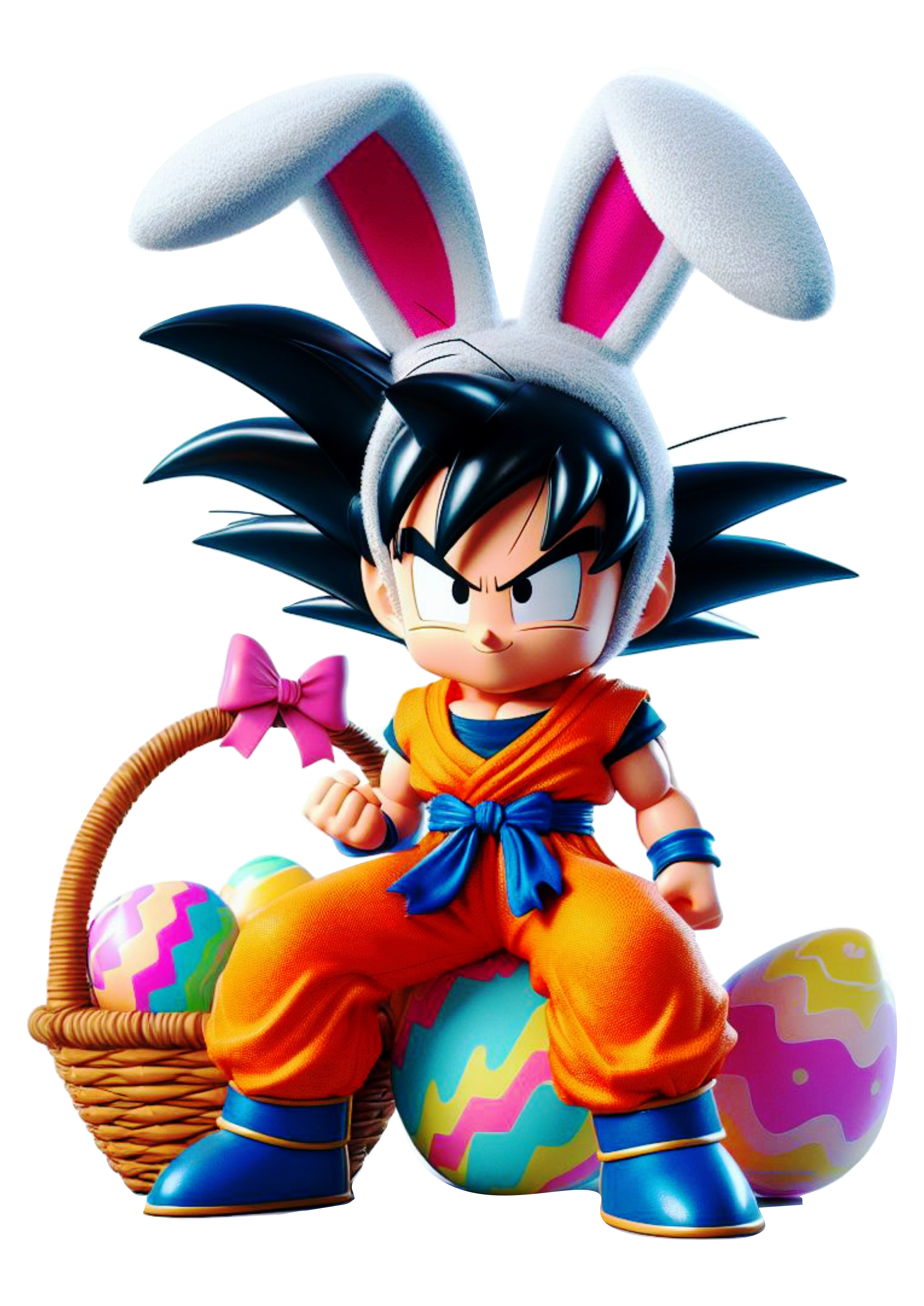 Dragon Ball Z clipart Goku fantasiado de coelhinho da páscoa desenho infantil vetor cesta de ovos de páscoa fundo transparente png