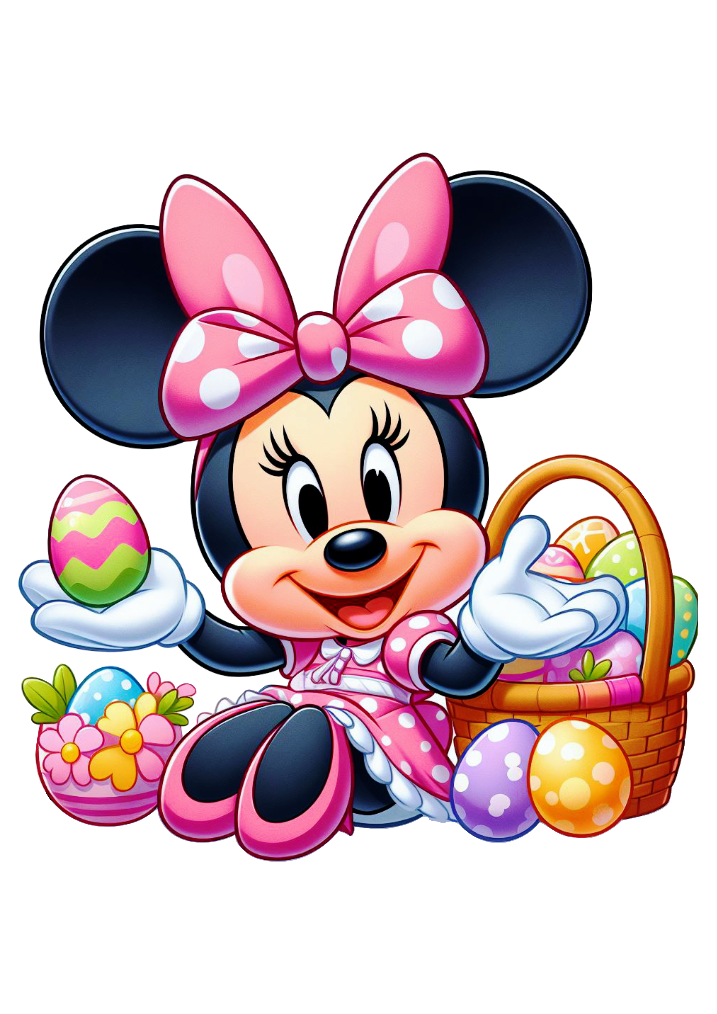 Desenho infantil Minnie mouse decoração de páscoa cesta de ovos de chocolate png