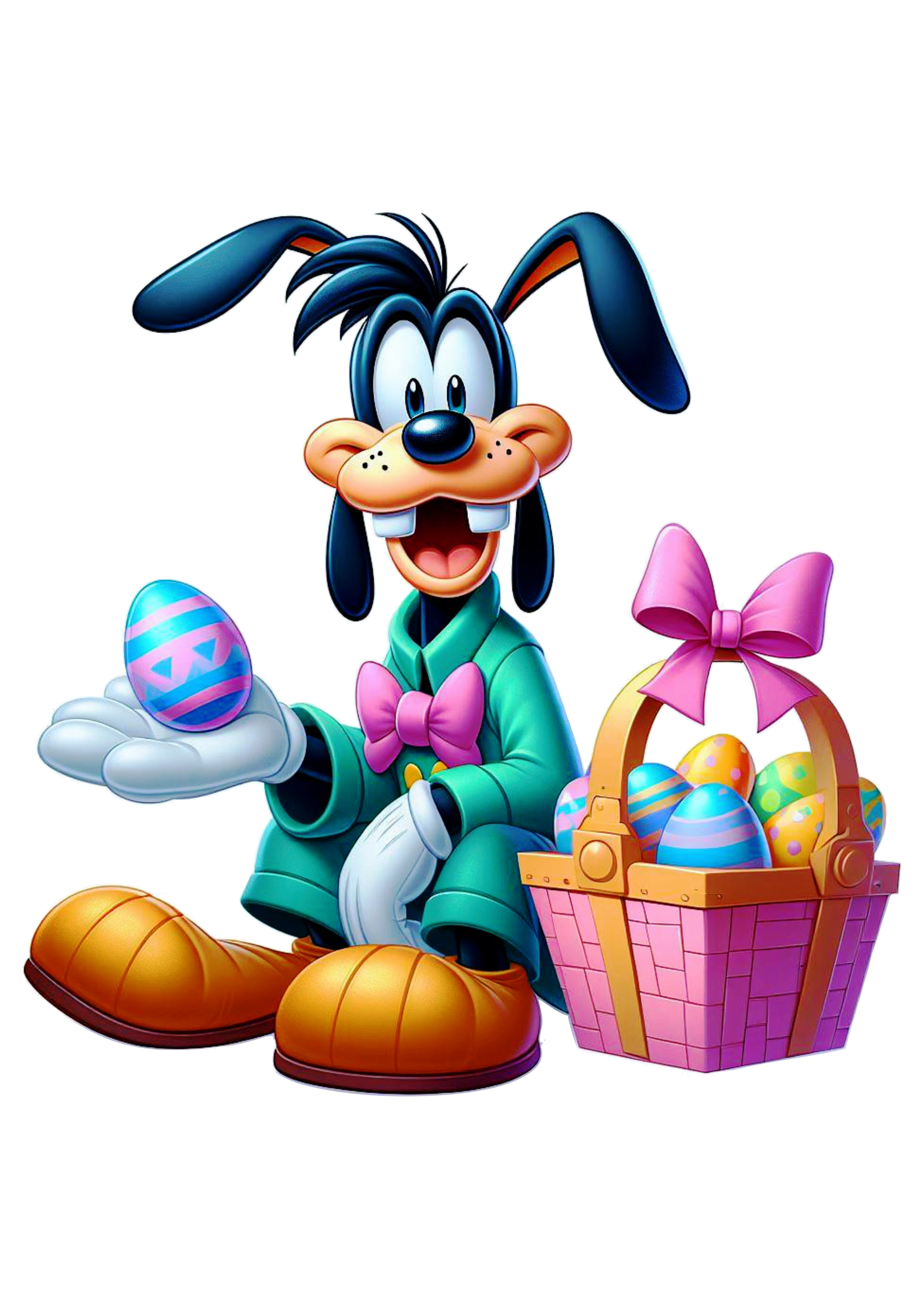 Turma do Mickey Mouse especial de páscoa pateta com cesta de ovos de chocolate vetor clipart Disney decoração png