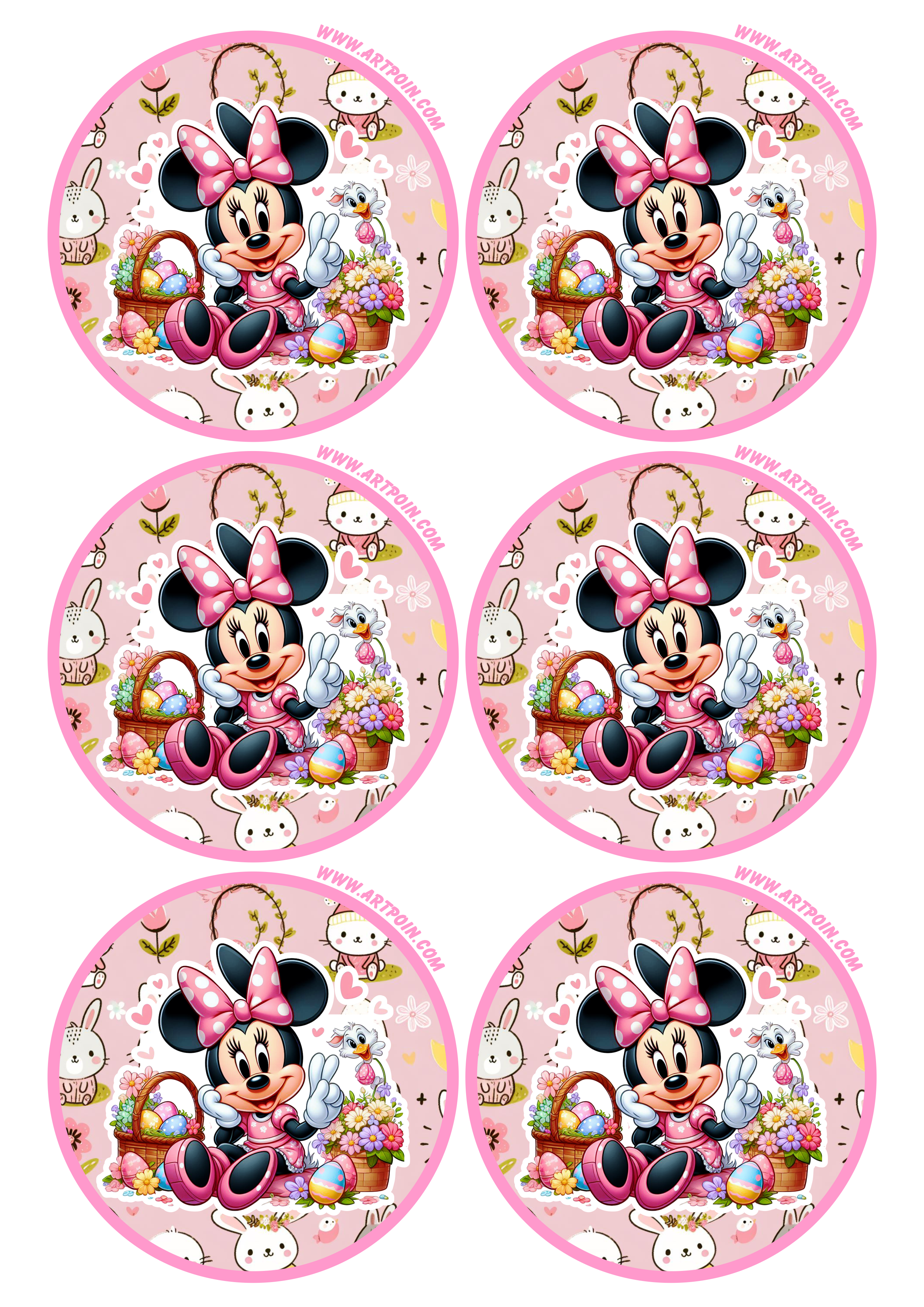 Minnie rosa adesivo redondo de páscoa tag sticker pronto para imprimir 6 imagens png