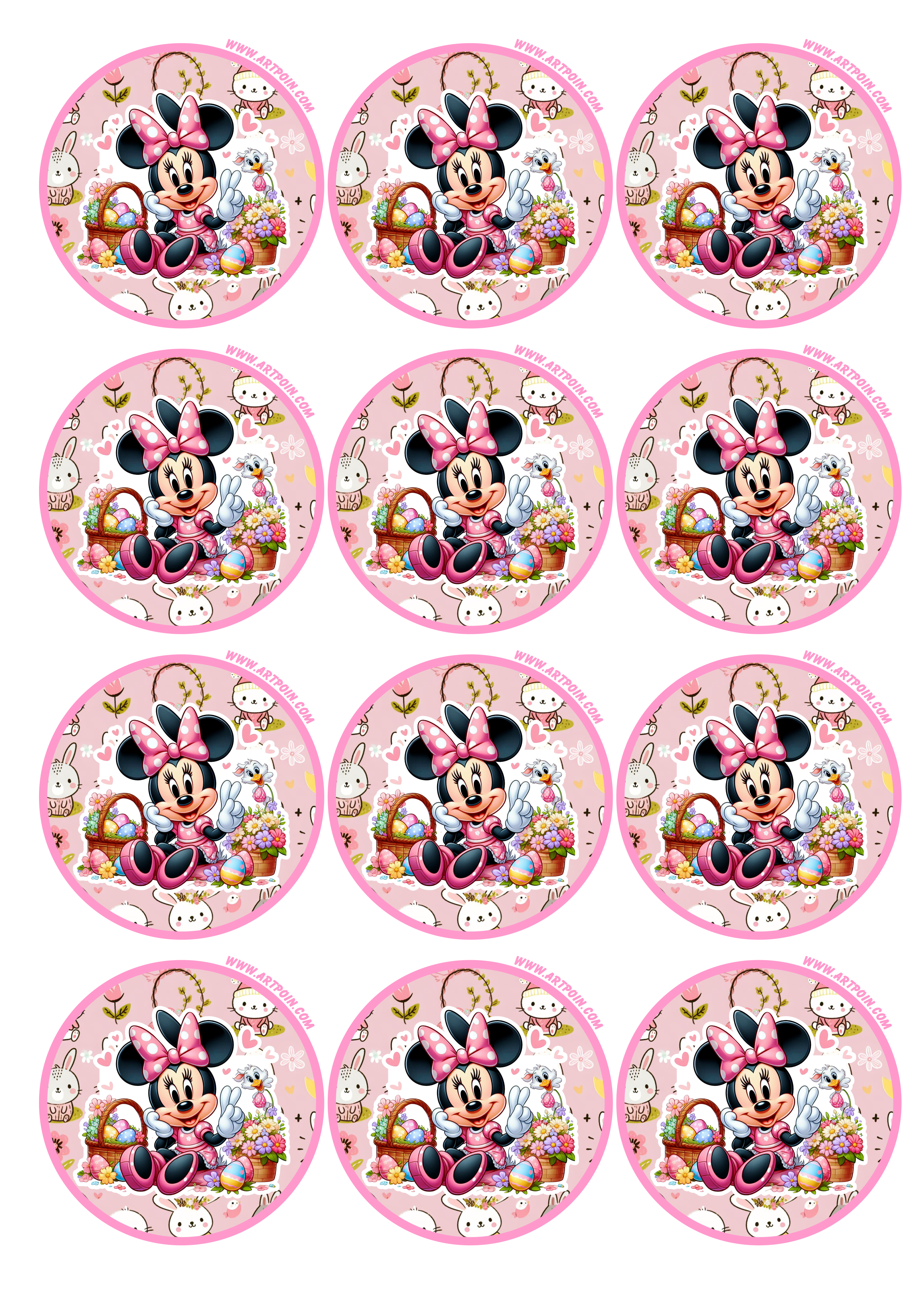 Minnie rosa adesivo redondo de páscoa tag sticker pronto para imprimir 12 imagens png