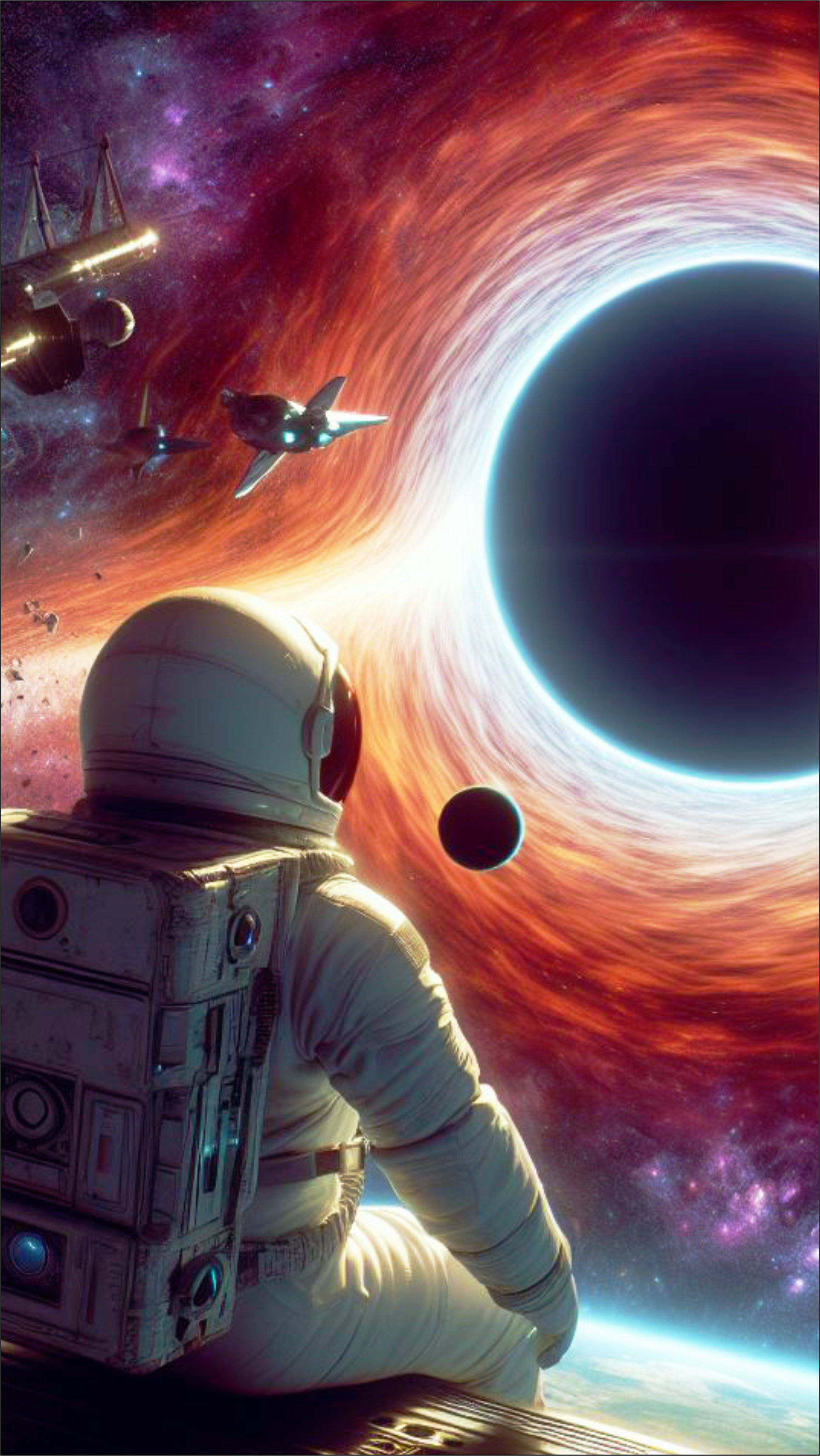 Papel de parede para celular um astronauta no espaço observando um buraco negro png
