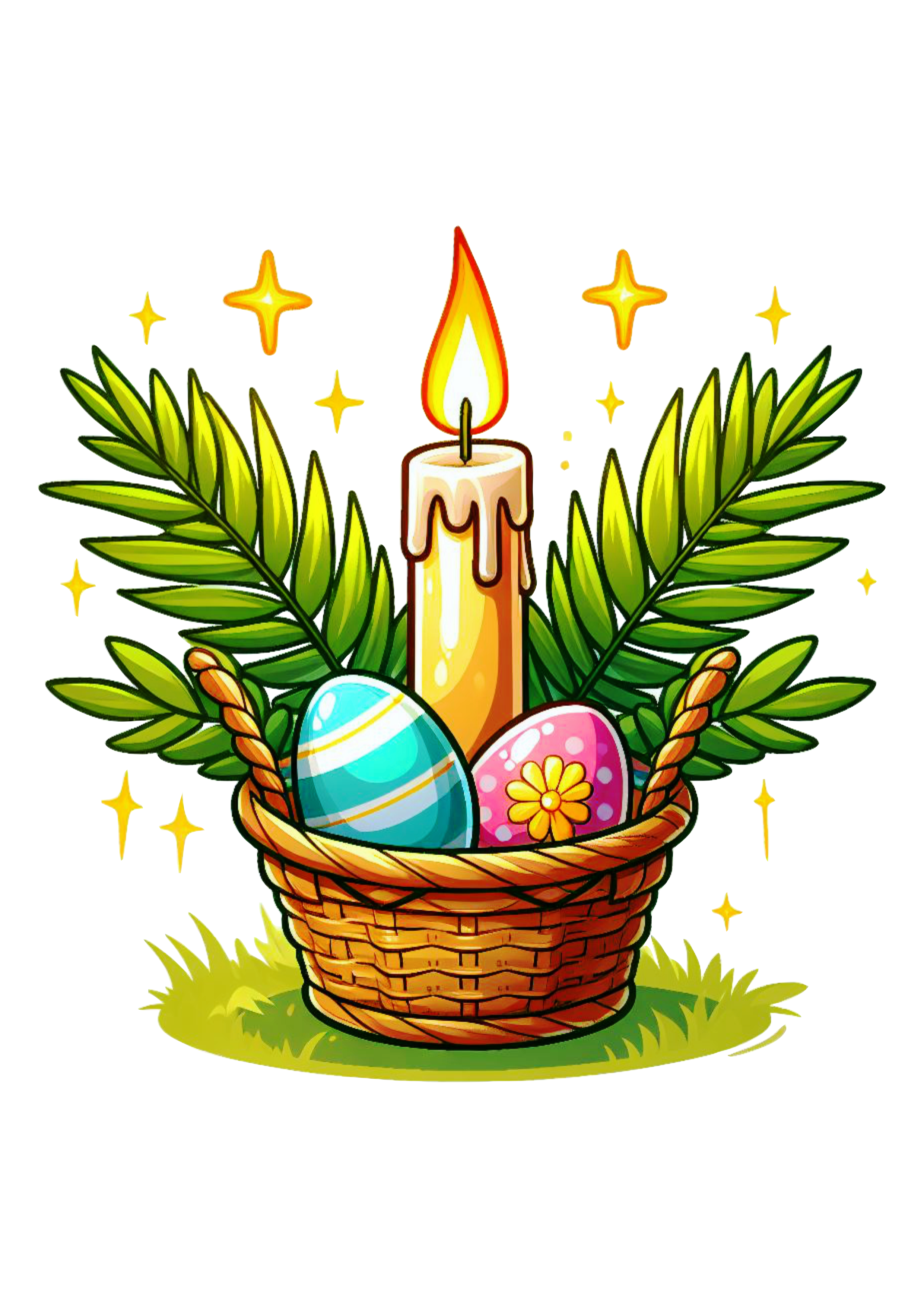 Símbolos da páscoa vela rosa com ramos de palmeira desenho animado cesta de ovos png