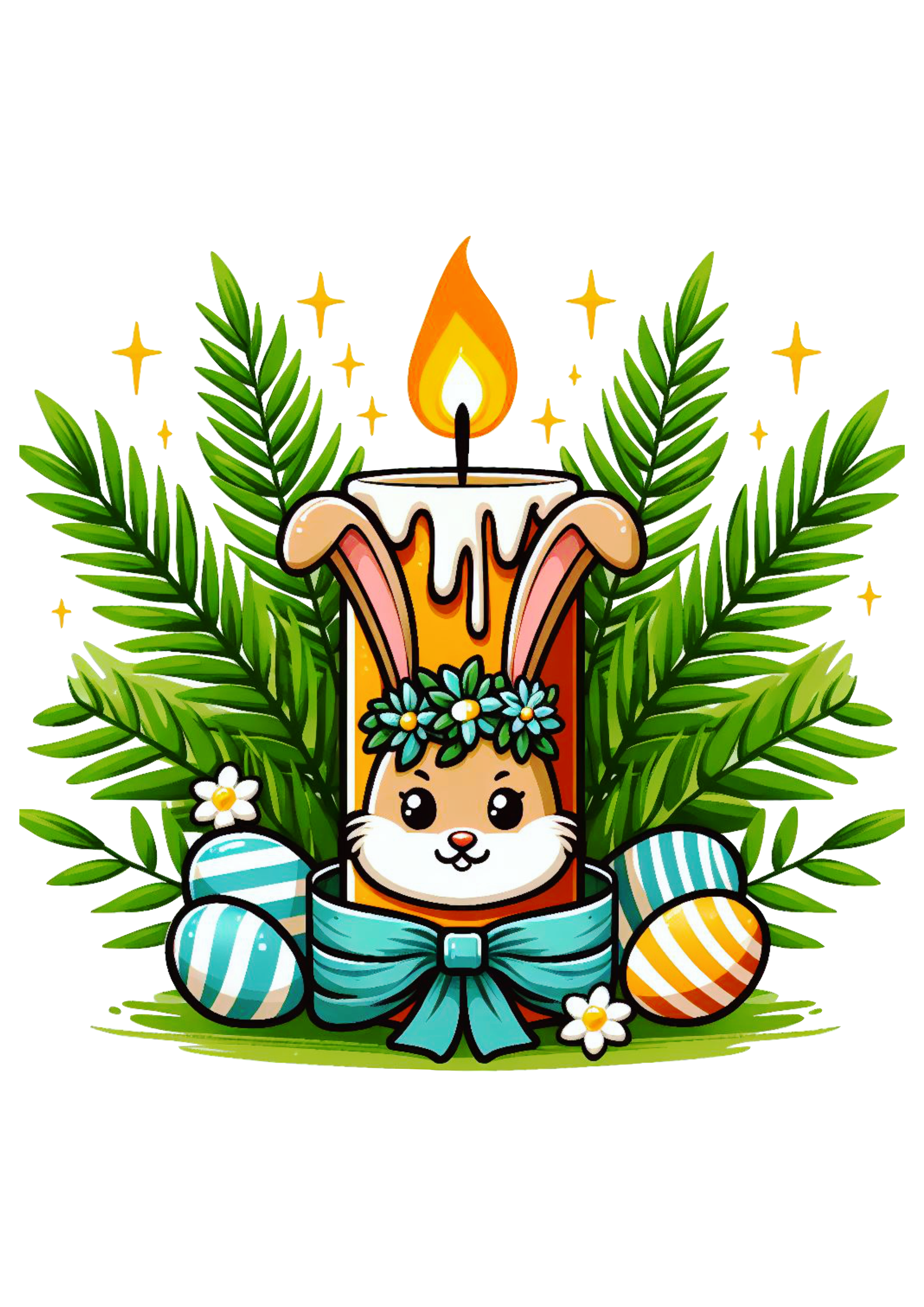 Desenho colorido símbolos da páscoa vela clipart ramos coelhinho png