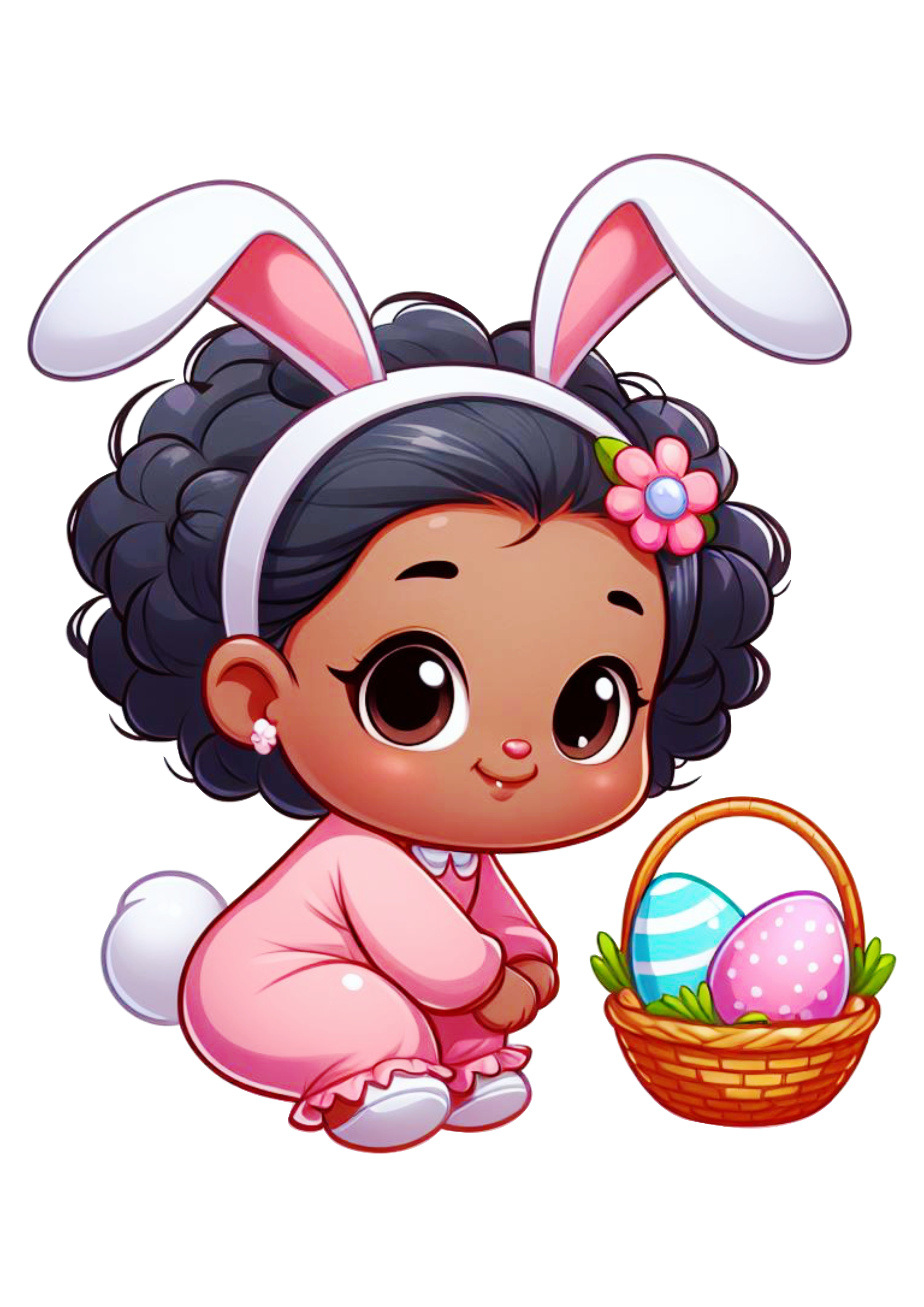 Páscoa menina moreninha com fantasia de coelho desenho infantil cesta de ovos de chocolate png