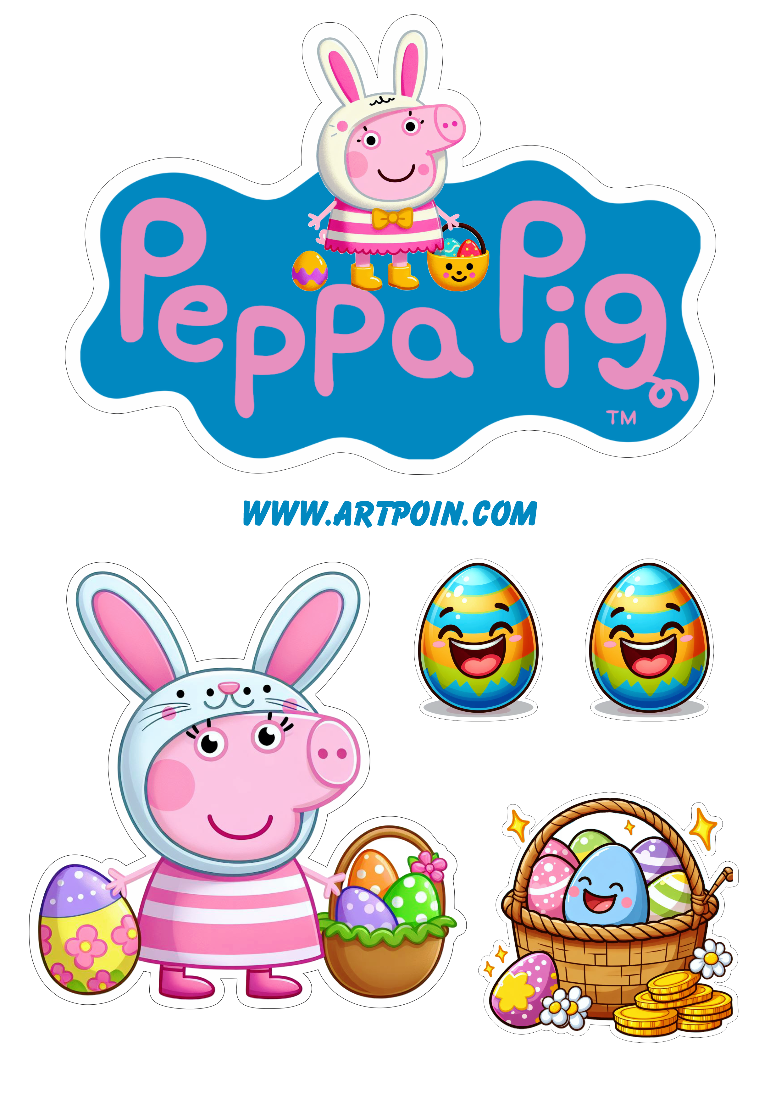 Topo de bolo para imprimir Peppa pig páscoa decoração de festa infantil fazendo a nossa festa png pack de imagens