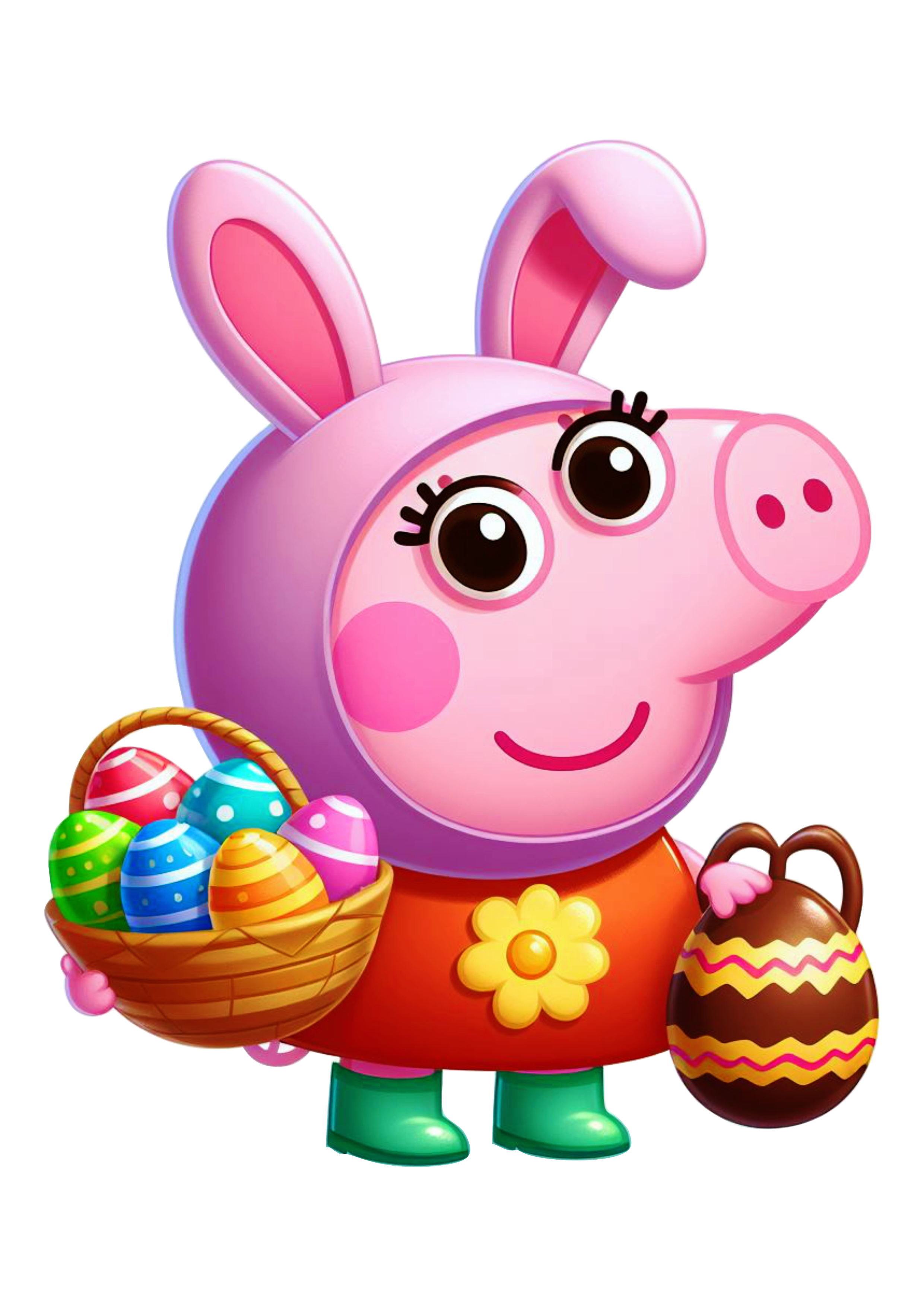 Peppa pig com orelhas de coelho da páscoa com cestinha de ovos de chocolate clipart desenho infantil png