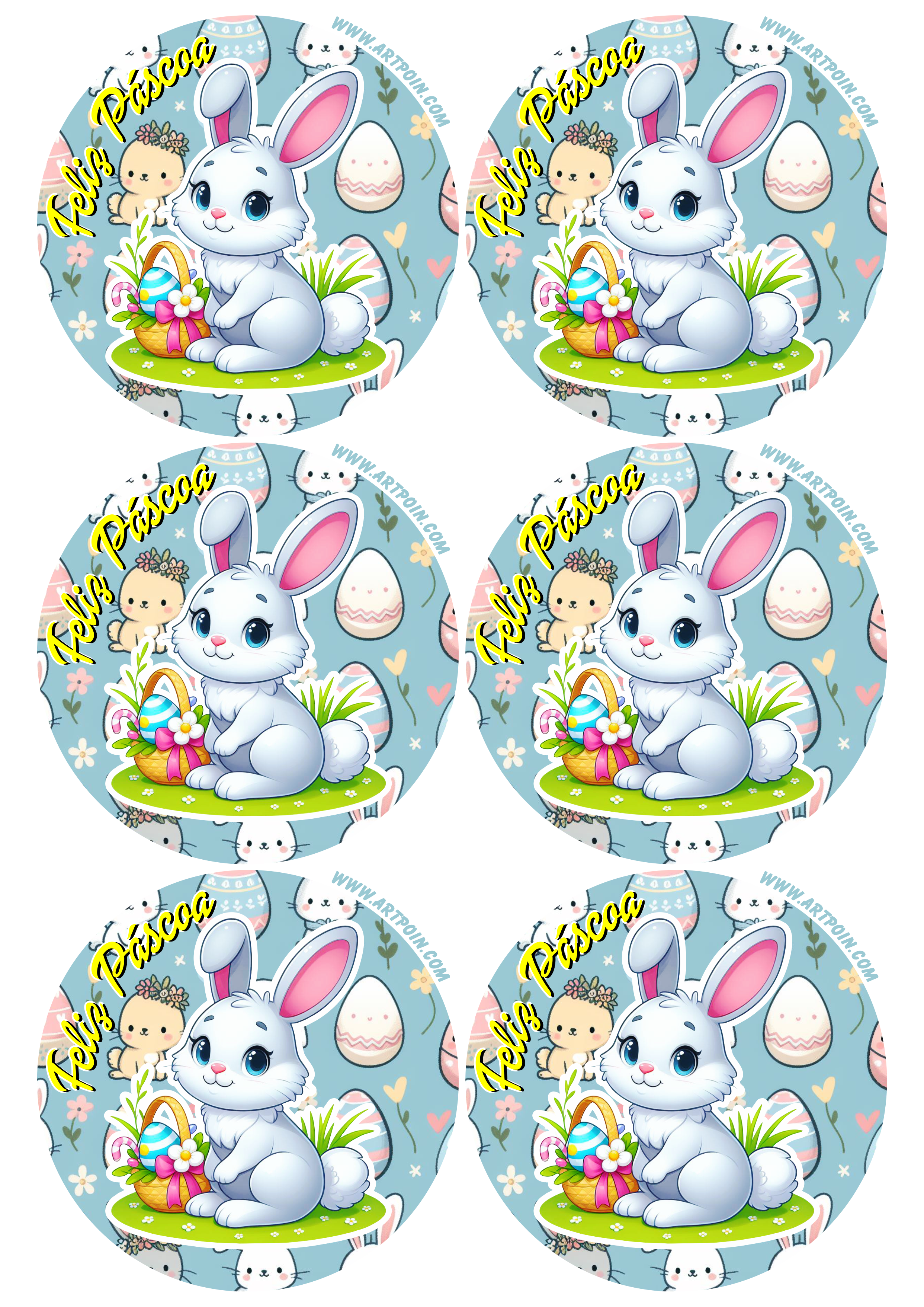 Feliz páscoa adesivo redondo coelhinho fofinho azul decoração tag sticker 6 imagens png