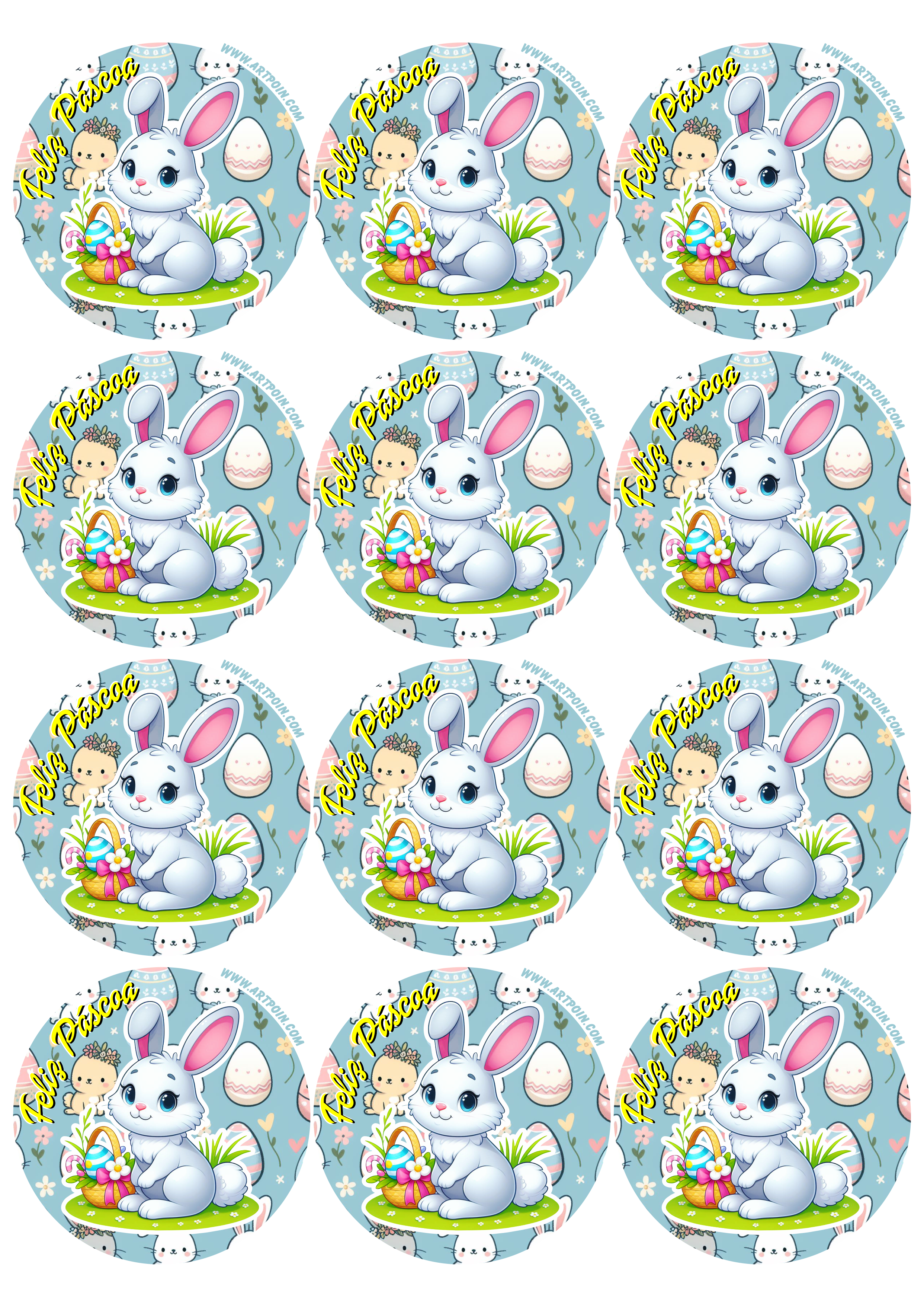 Feliz páscoa adesivo redondo coelhinho fofinho azul decoração tag sticker 12 imagens png