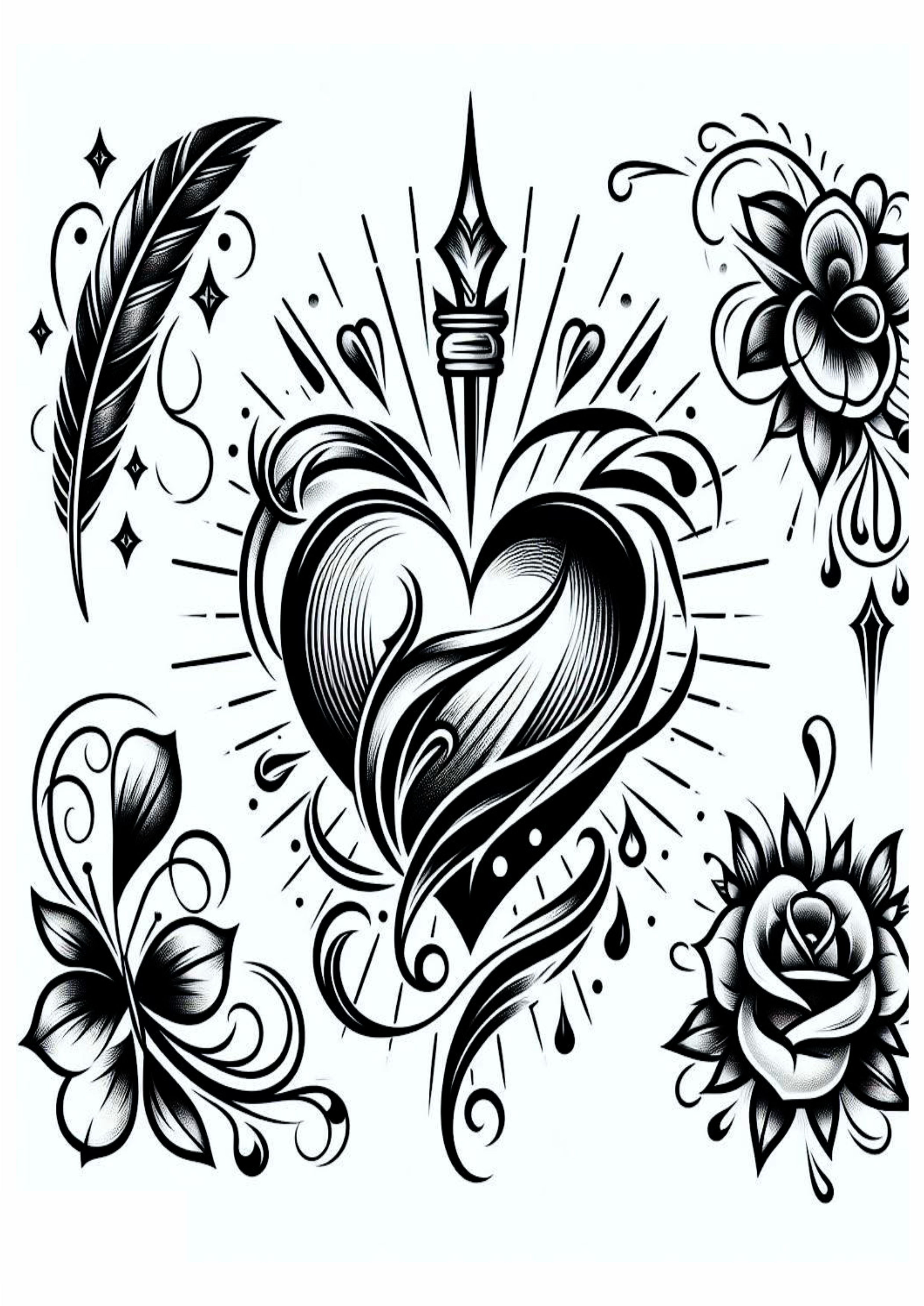Desenho para tatuagem feminina para imprimir artes visuais design coração heart folhas e flores png