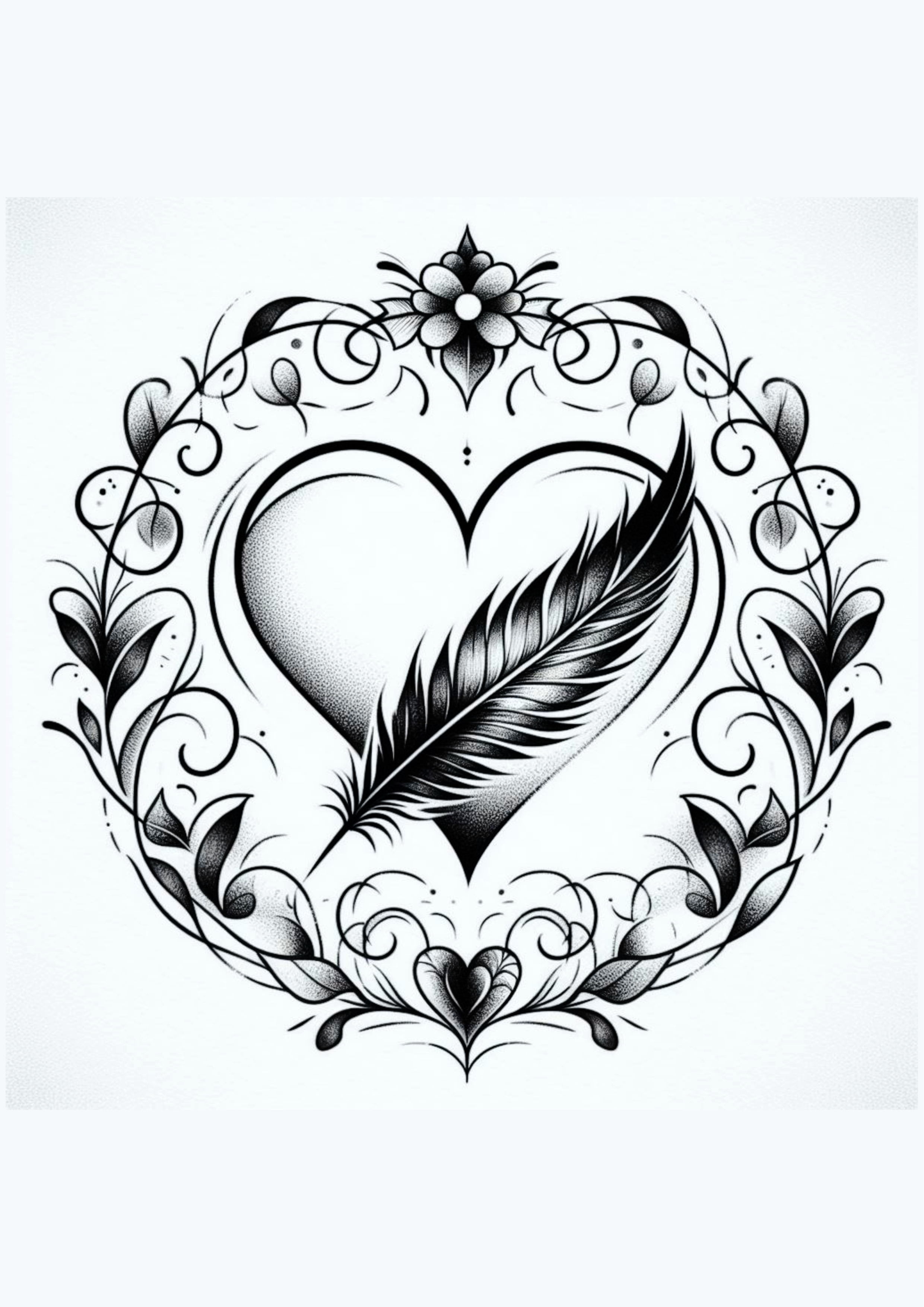 Desenho para tatuagem feminina para imprimir artes visuais design coração heart folhas e flores pena png