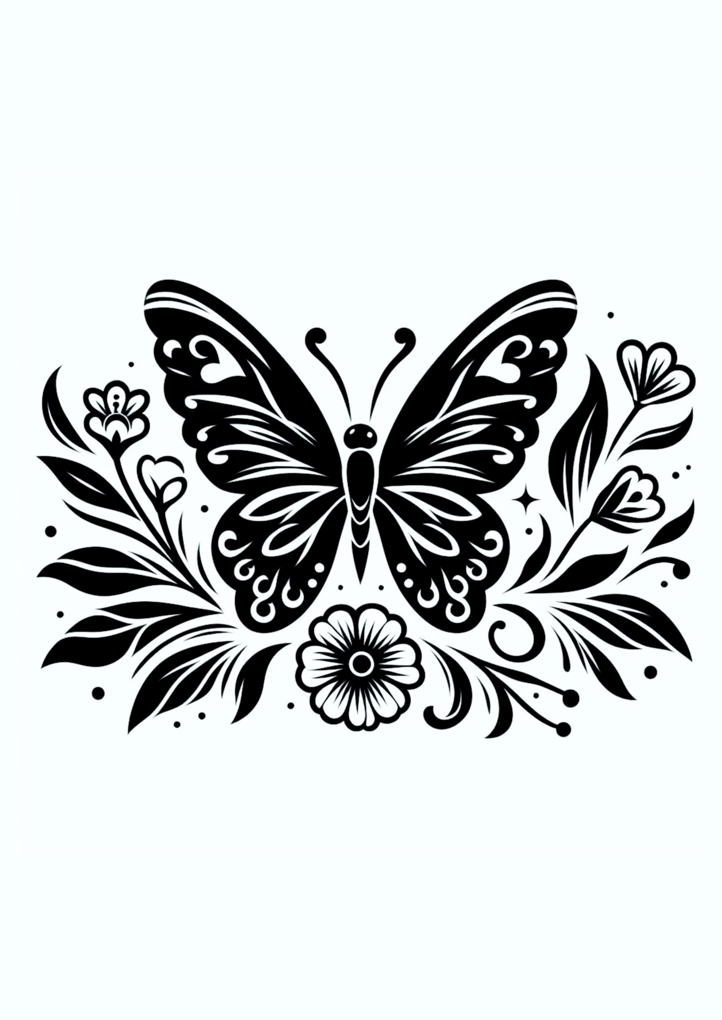 Desenho simples para tatuagem feminina borboleta e flores minimalista monocromático realista png