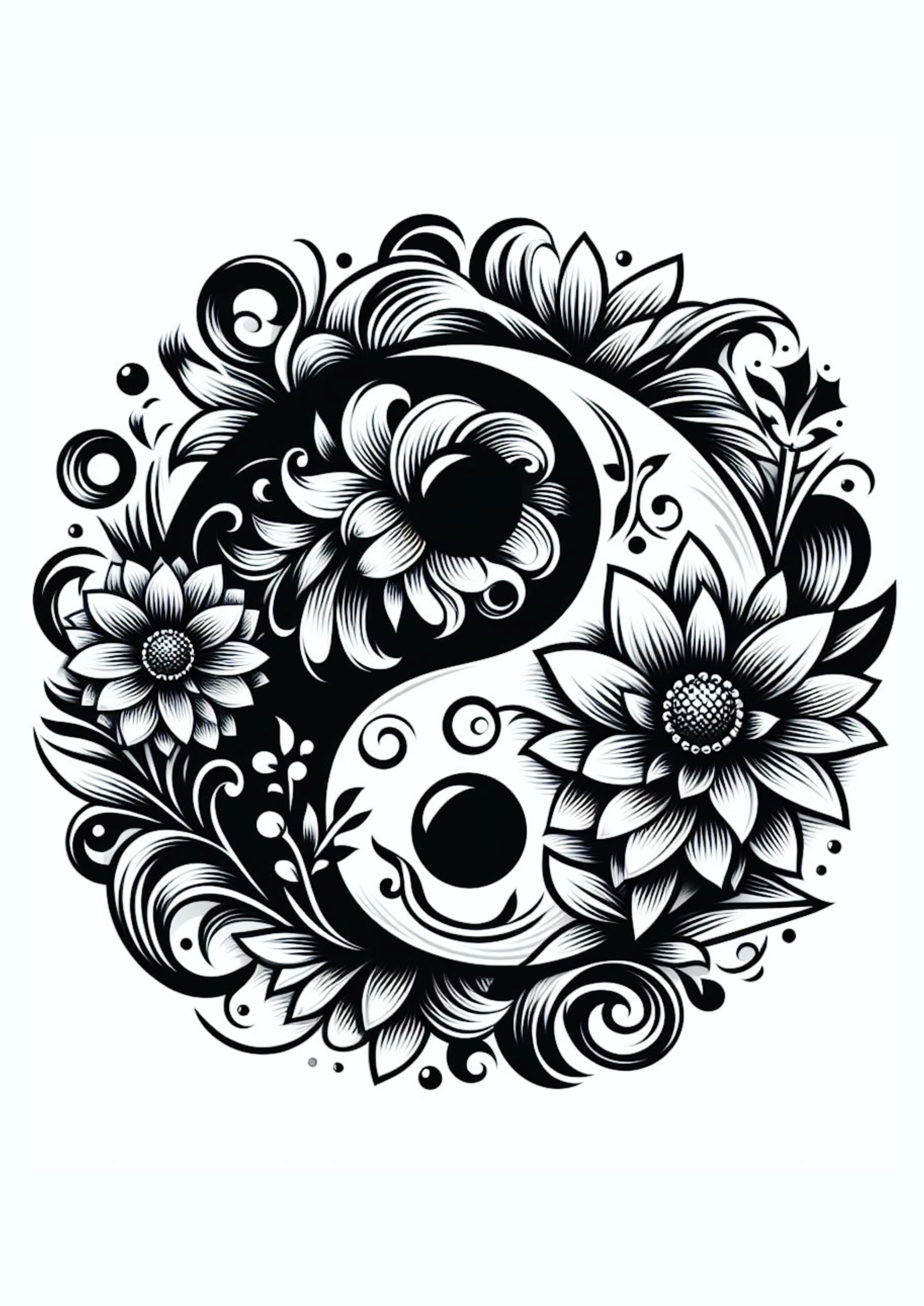 Desenho para tatuagem monocromático yin e yang flores png