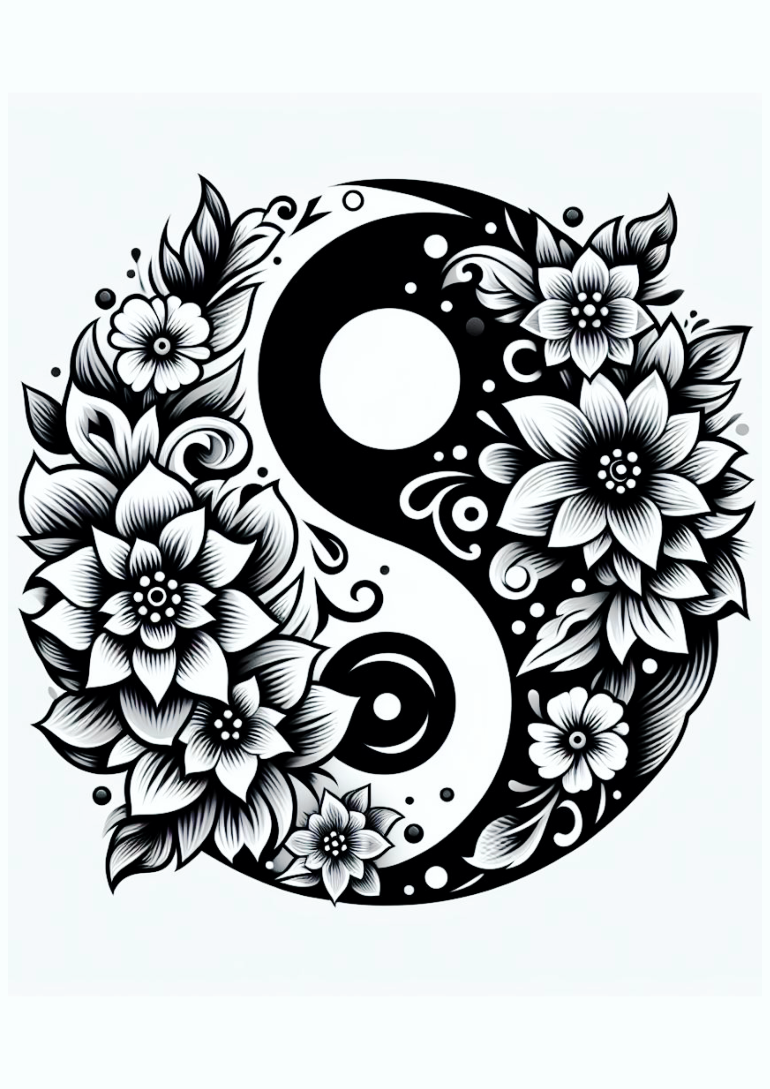 Desenho para tatuagem monocromática yin e yang flores luz e escuridão design para imprimir png