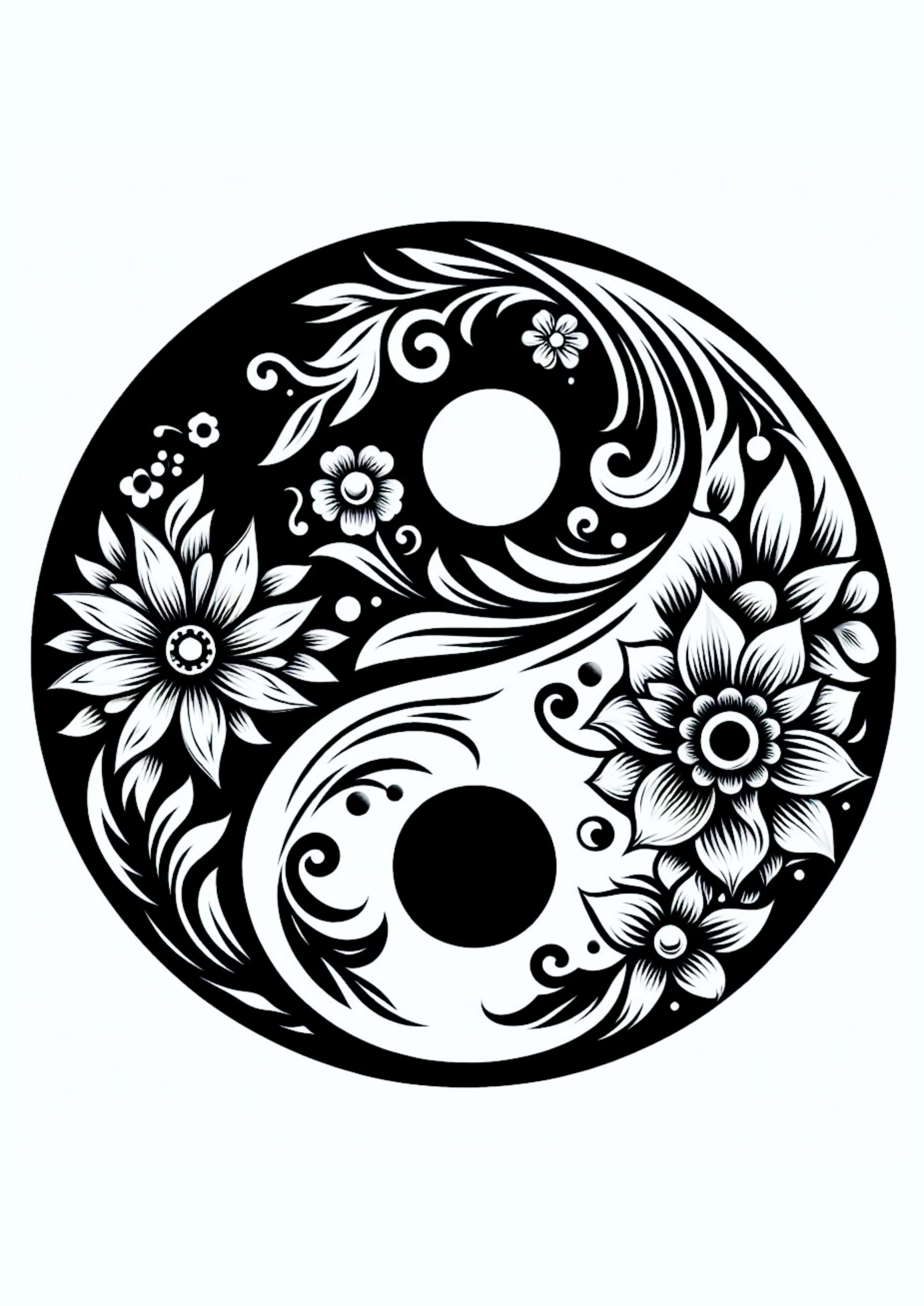 Desenho para tatuagem monocromática yin e yang flores luz e escuridão design para imprimir artes visuais png
