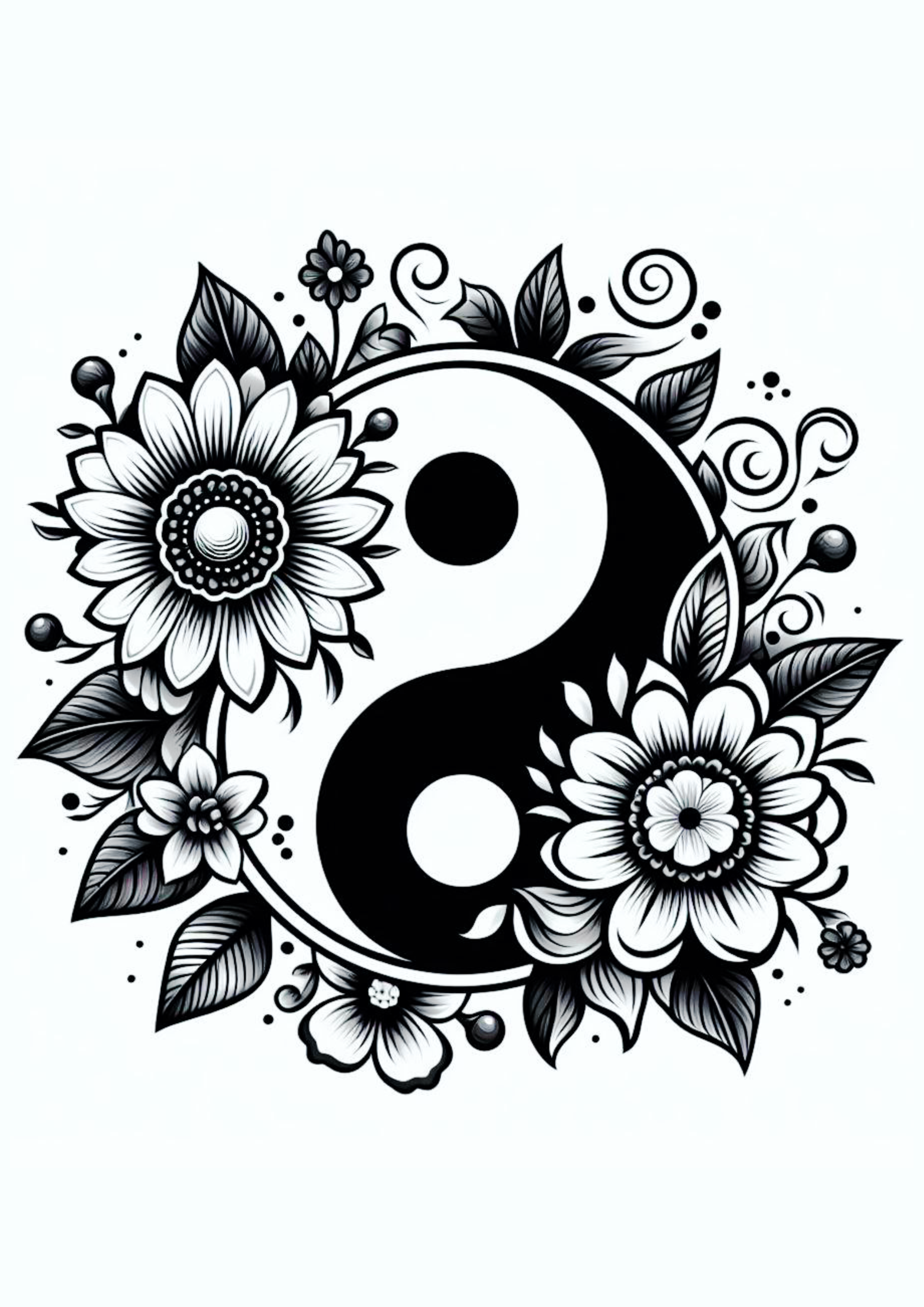 Desenho para tatuagem monocromática yin e yang flores luz e escuridão design para imprimir artes gráficas png