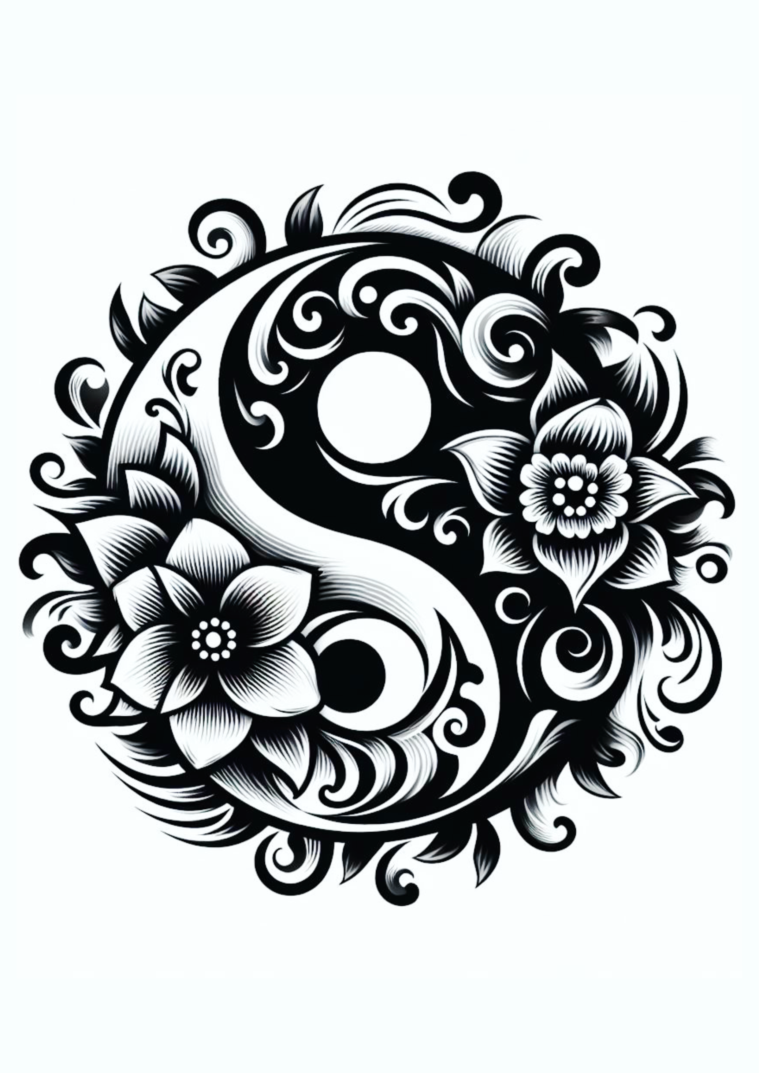 Desenho para tatuagem monocromática yin e yang flores luz e escuridão design para imprimir artes gráficas ilustração png